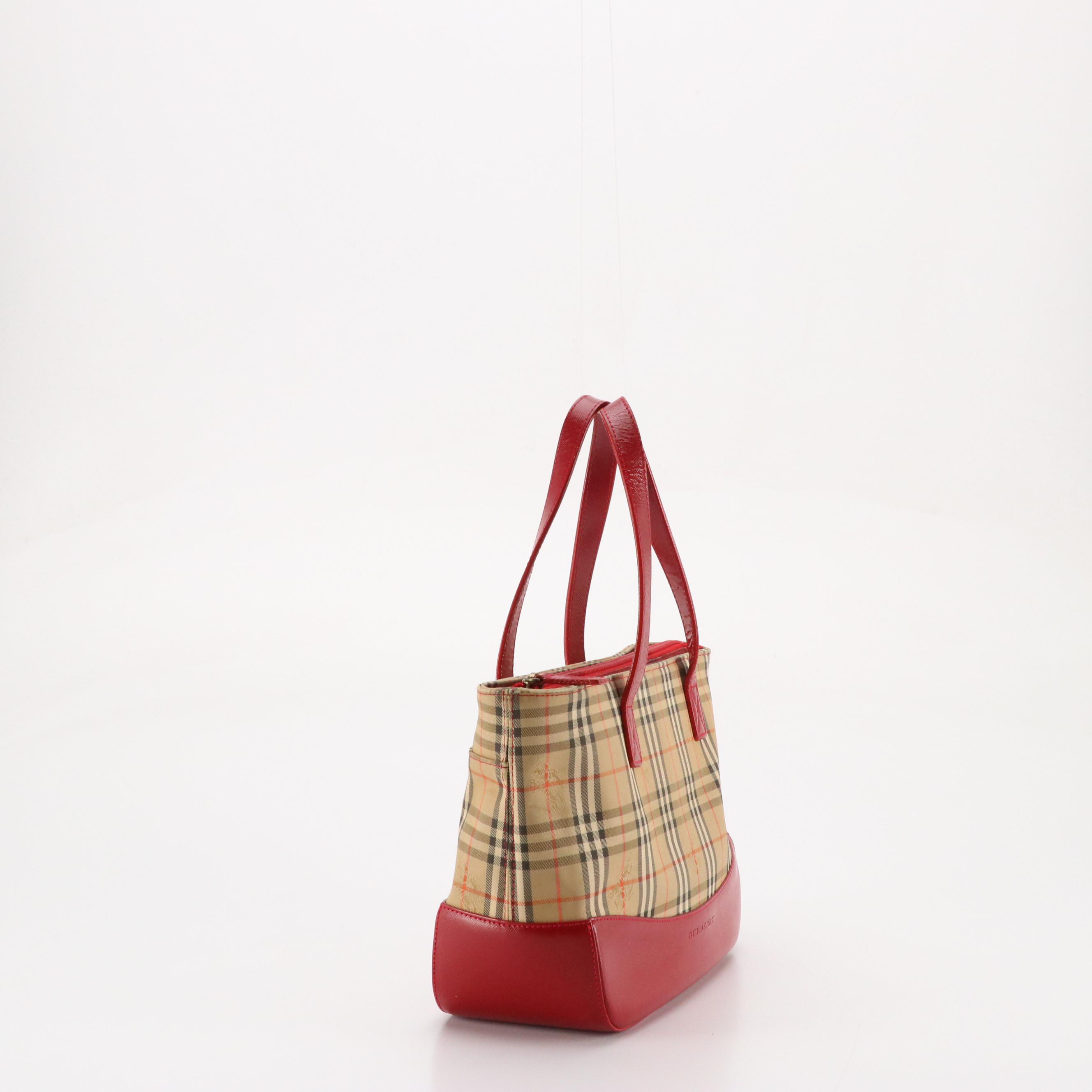 Burberrys Handbag in Haymarket Check Canvas and Red Leather Trim