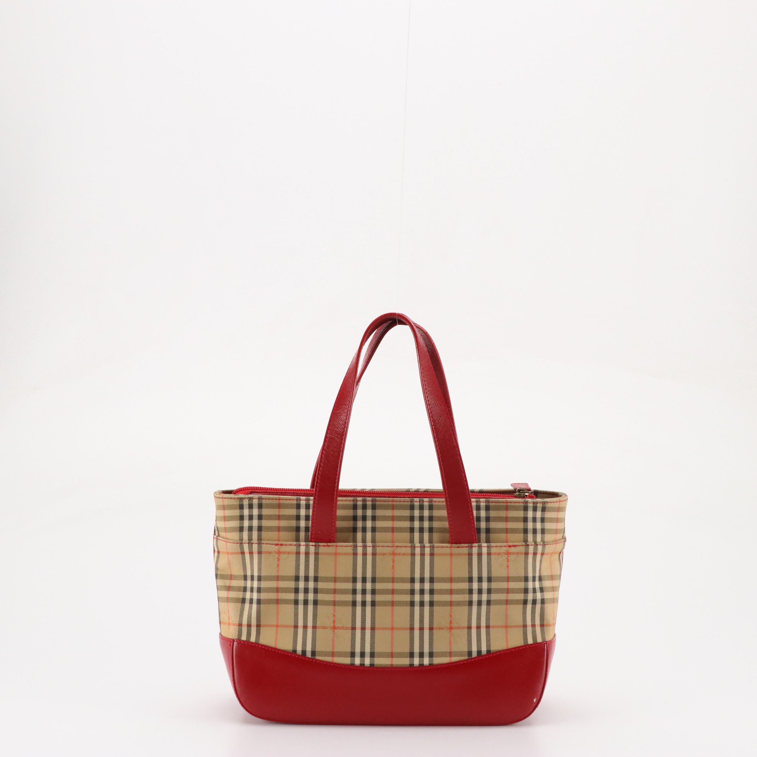 Burberrys Handbag in Haymarket Check Canvas and Red Leather Trim