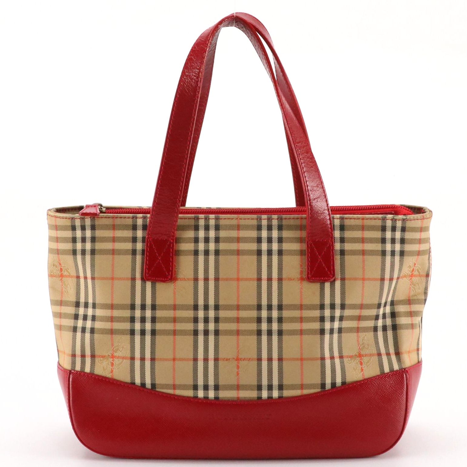 Burberrys Handbag in Haymarket Check Canvas and Red Leather Trim