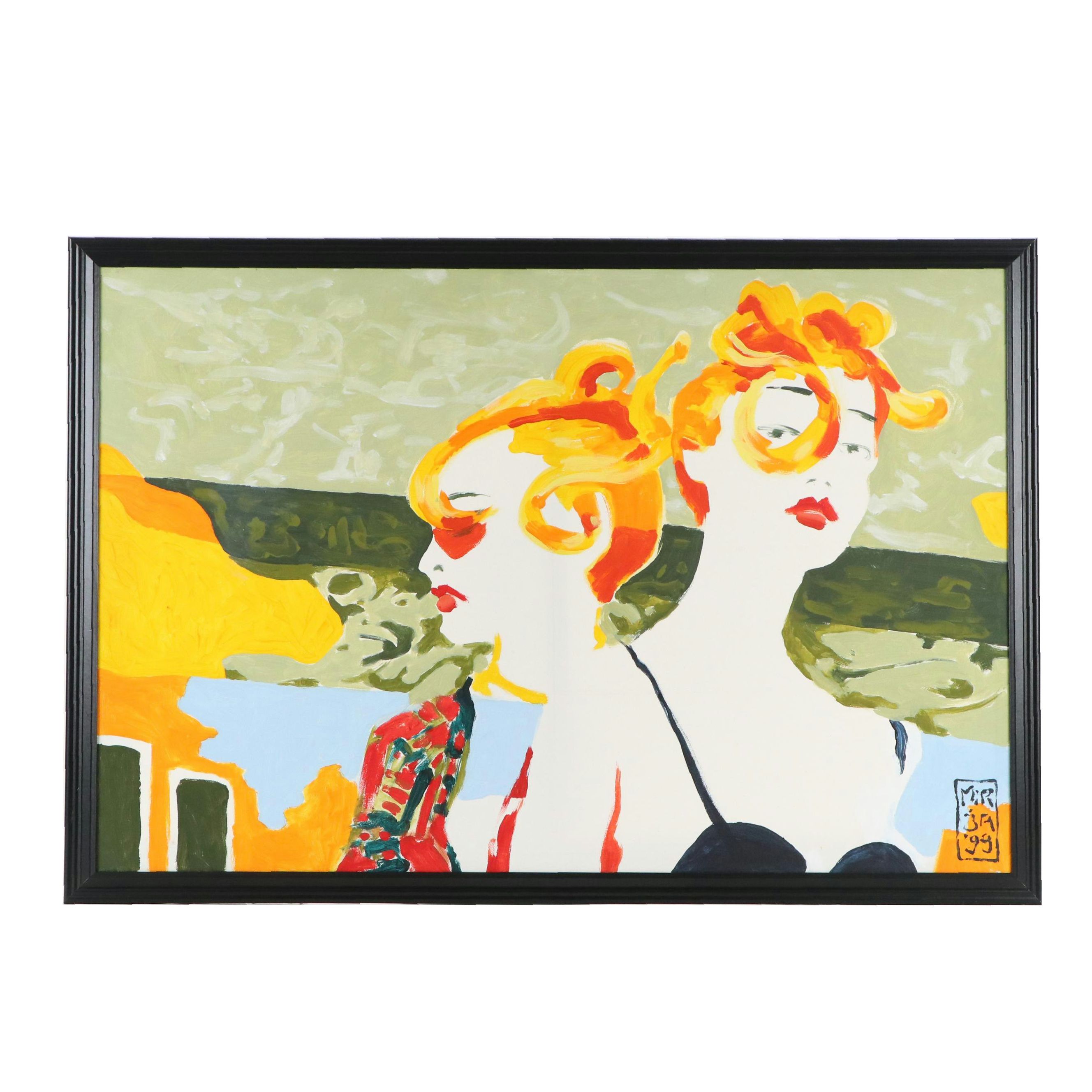 Stylized Figurative Acrylic Painting of Chic Women, 1999
