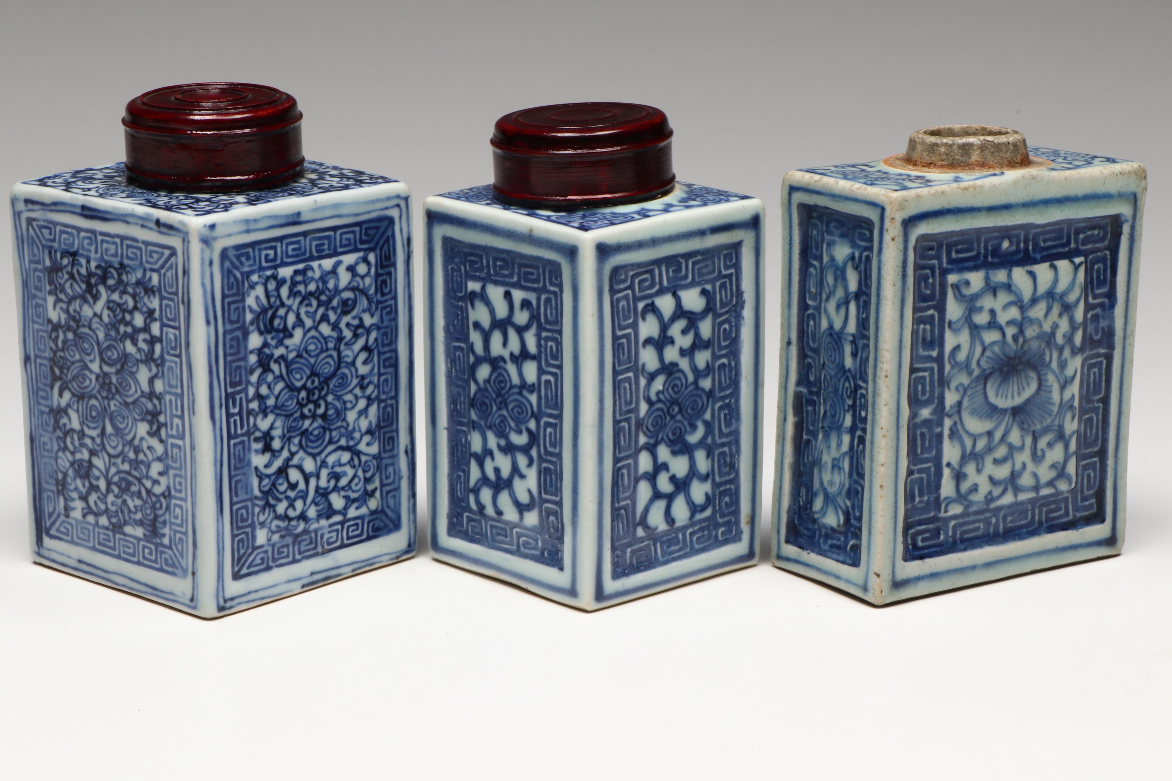 Antique Chinese Qing Dynasty Blue-on-White Porcelain Tea Caddies