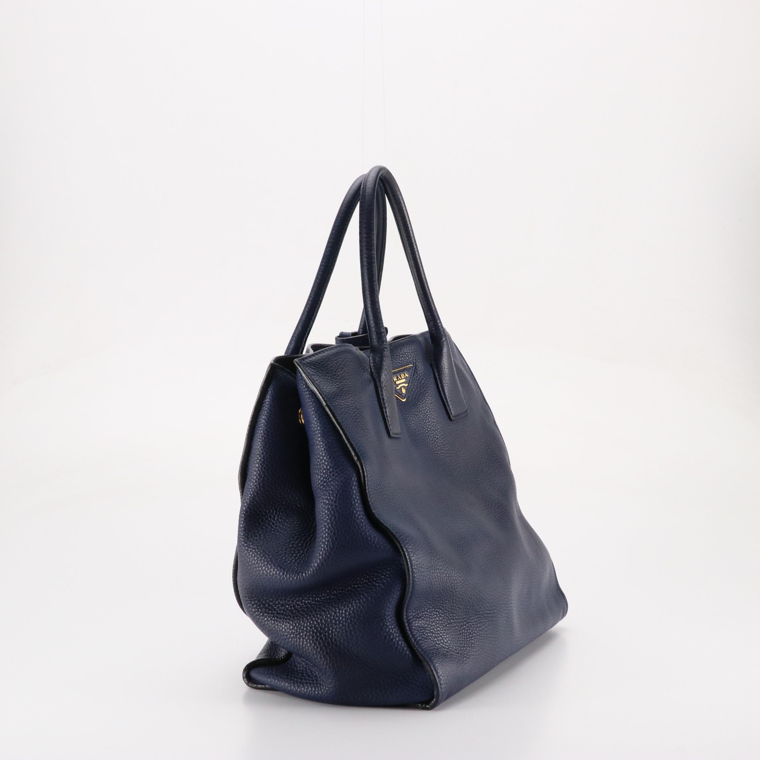 Prada Two-way Tote in Navy Blue Vitello Daino Leather