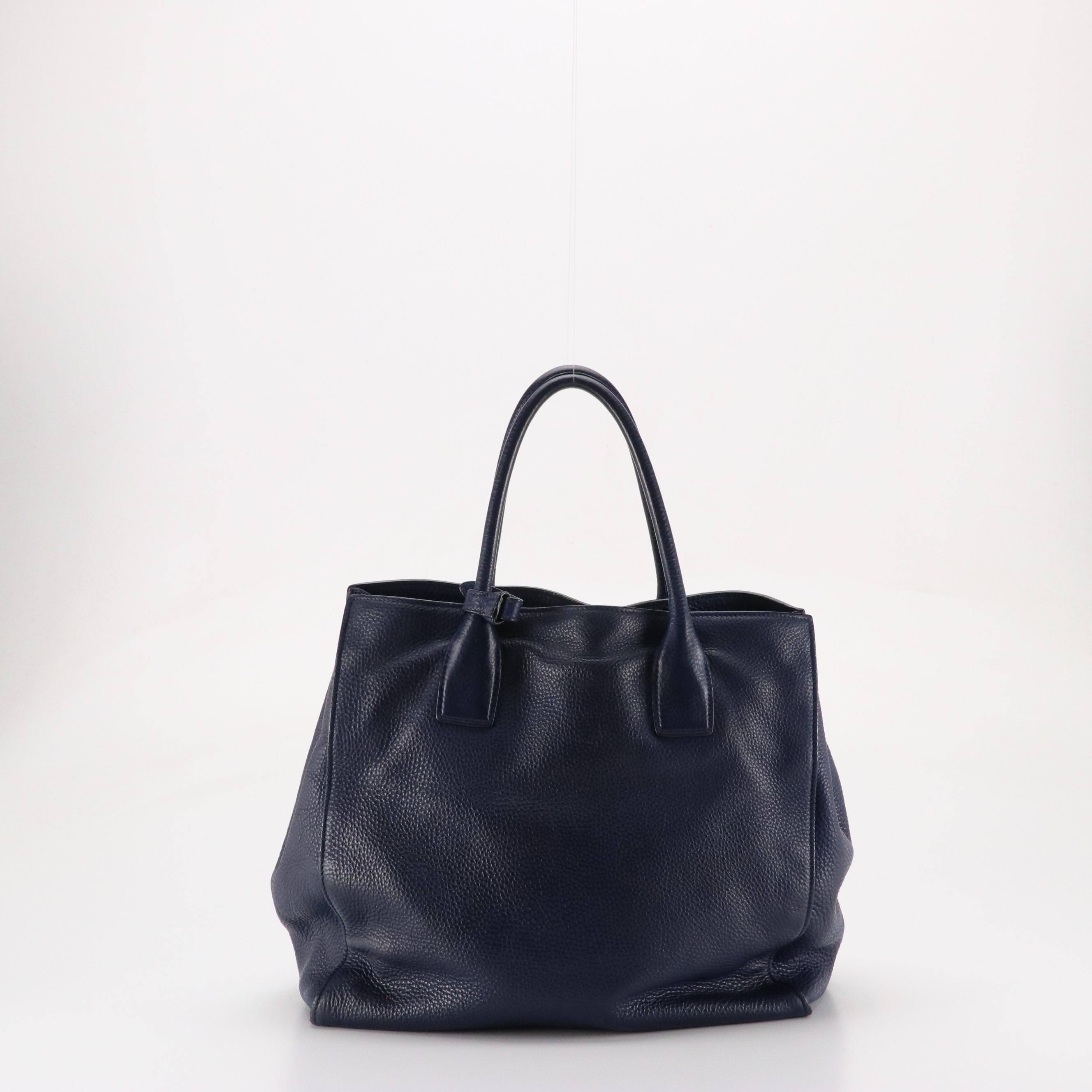 Prada Two-way Tote in Navy Blue Vitello Daino Leather