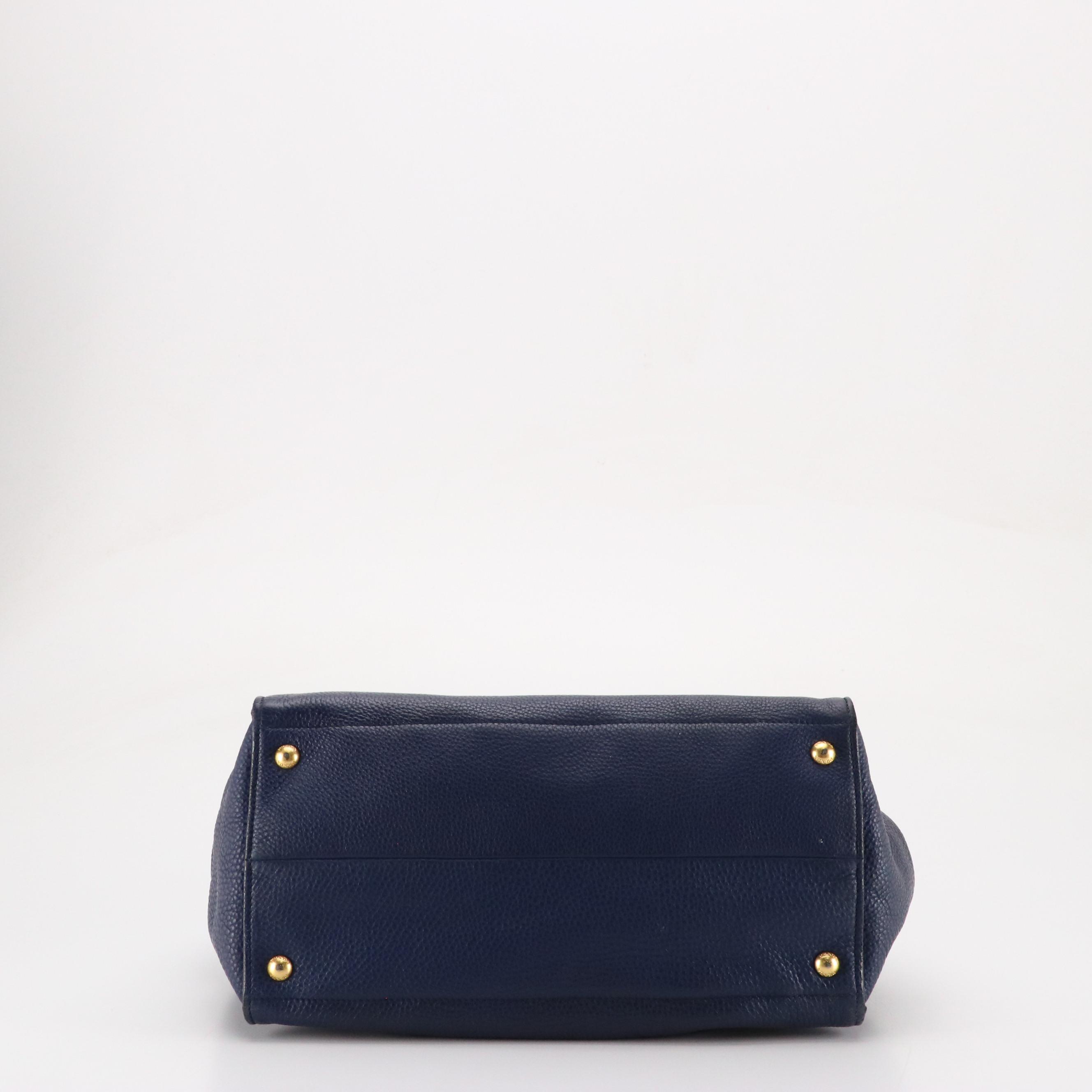 Prada Two-way Tote in Navy Blue Vitello Daino Leather