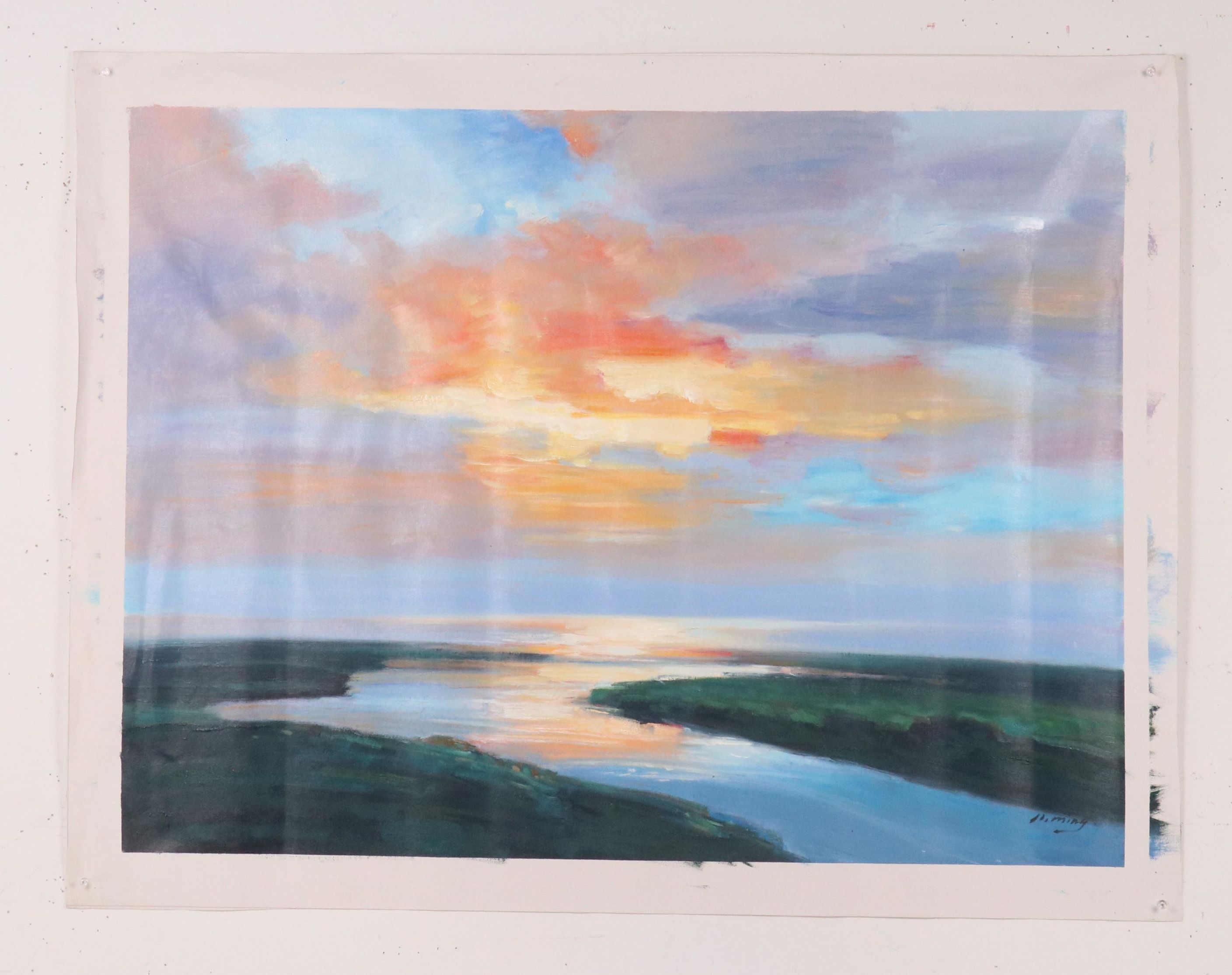 N. Ming Sunset Landscape Oil Painting, 21st Century