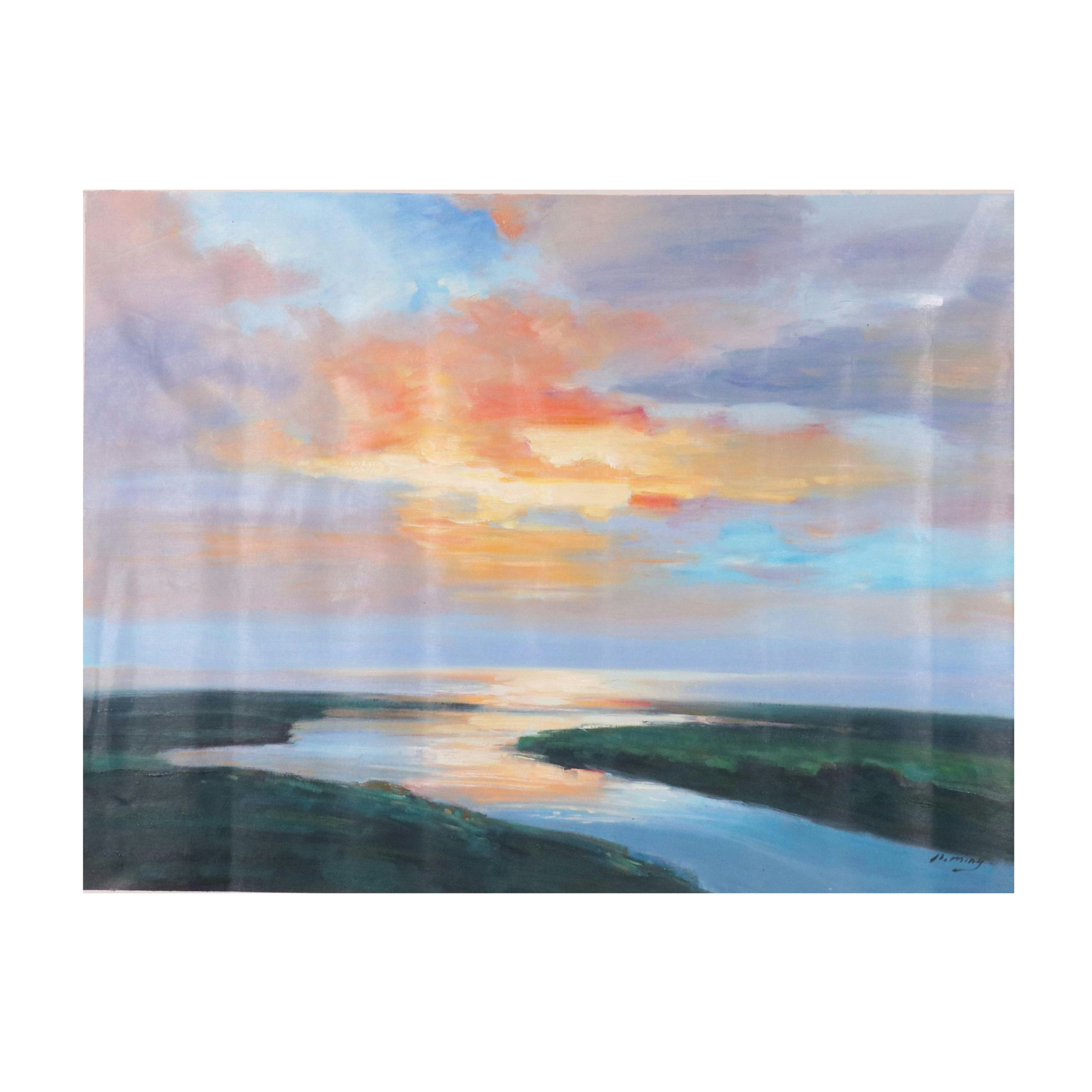 N. Ming Sunset Landscape Oil Painting, 21st Century