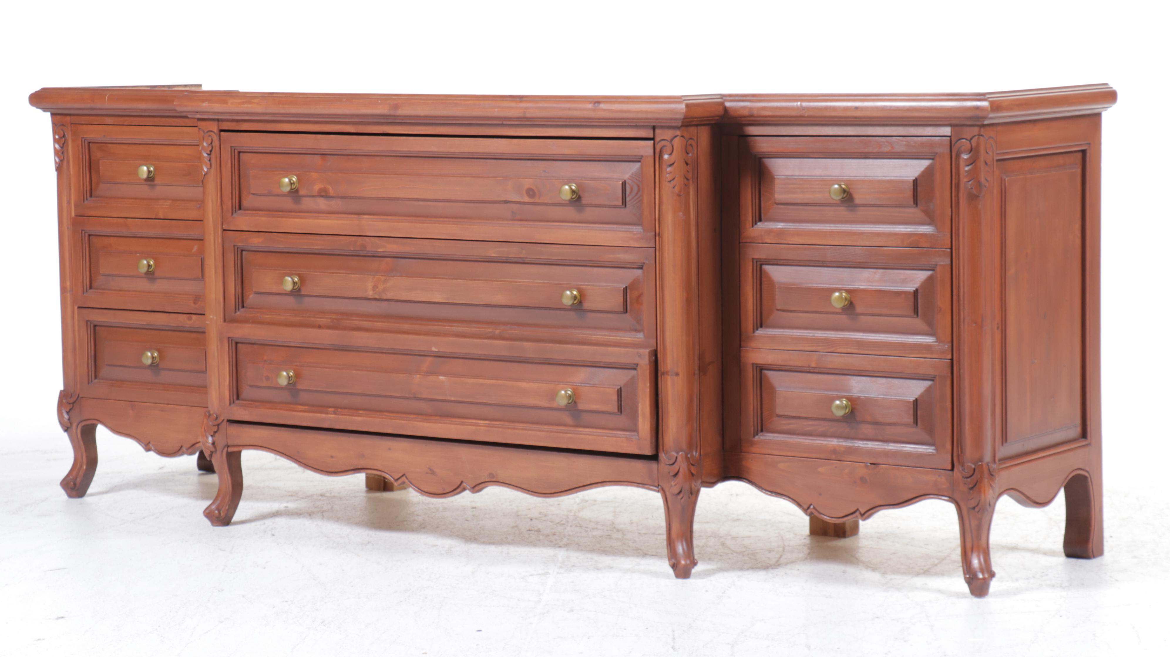 French Provincial Style Pine Breakfront Cabinet