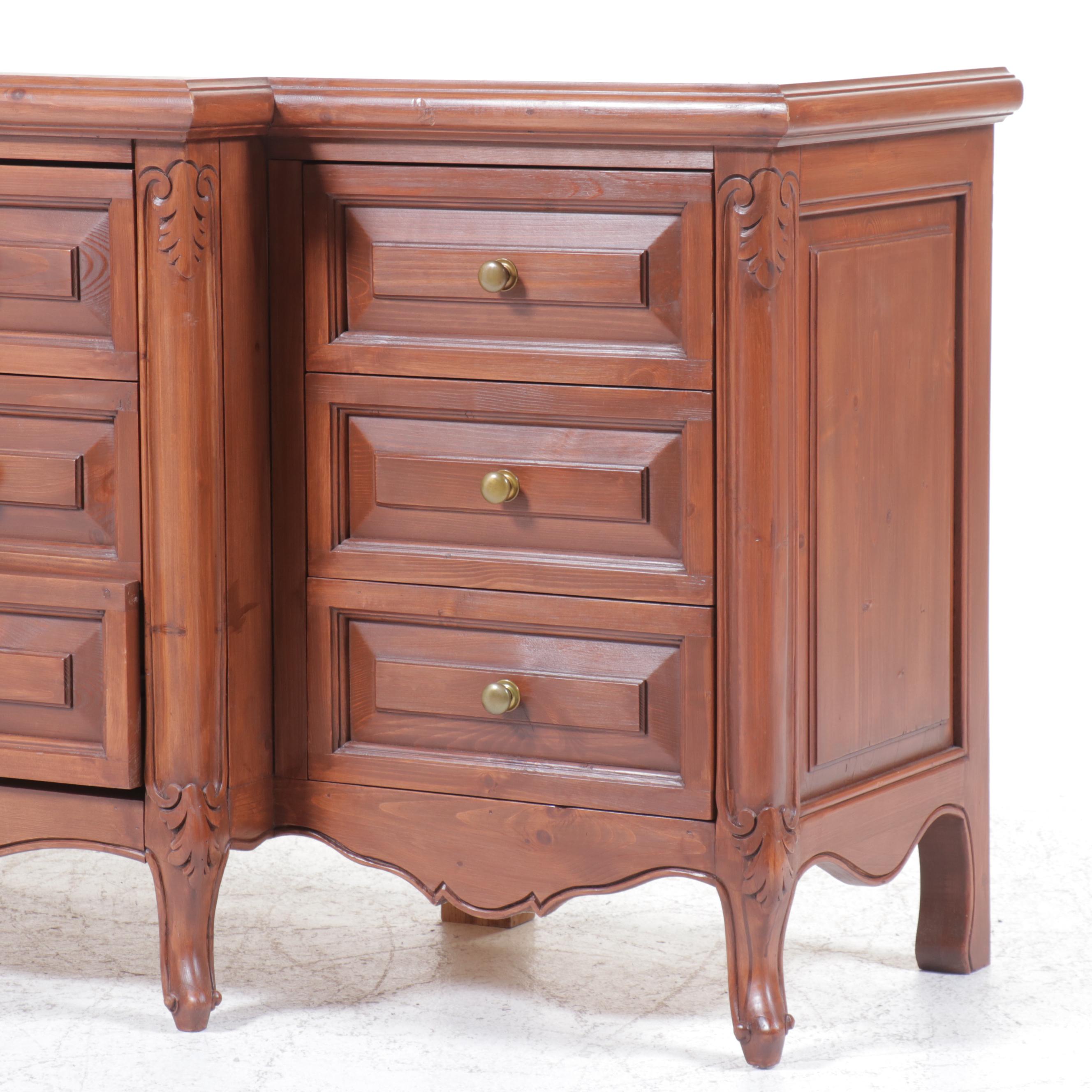 French Provincial Style Pine Breakfront Cabinet