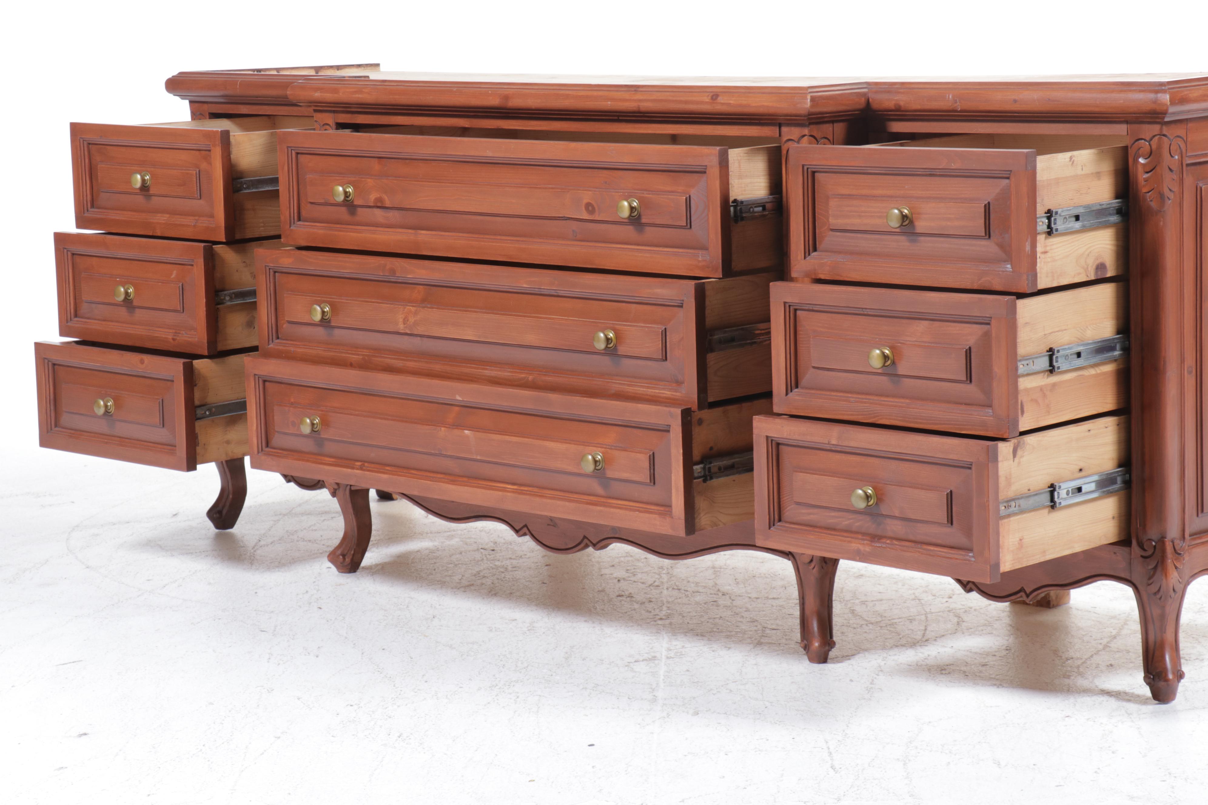 French Provincial Style Pine Breakfront Cabinet