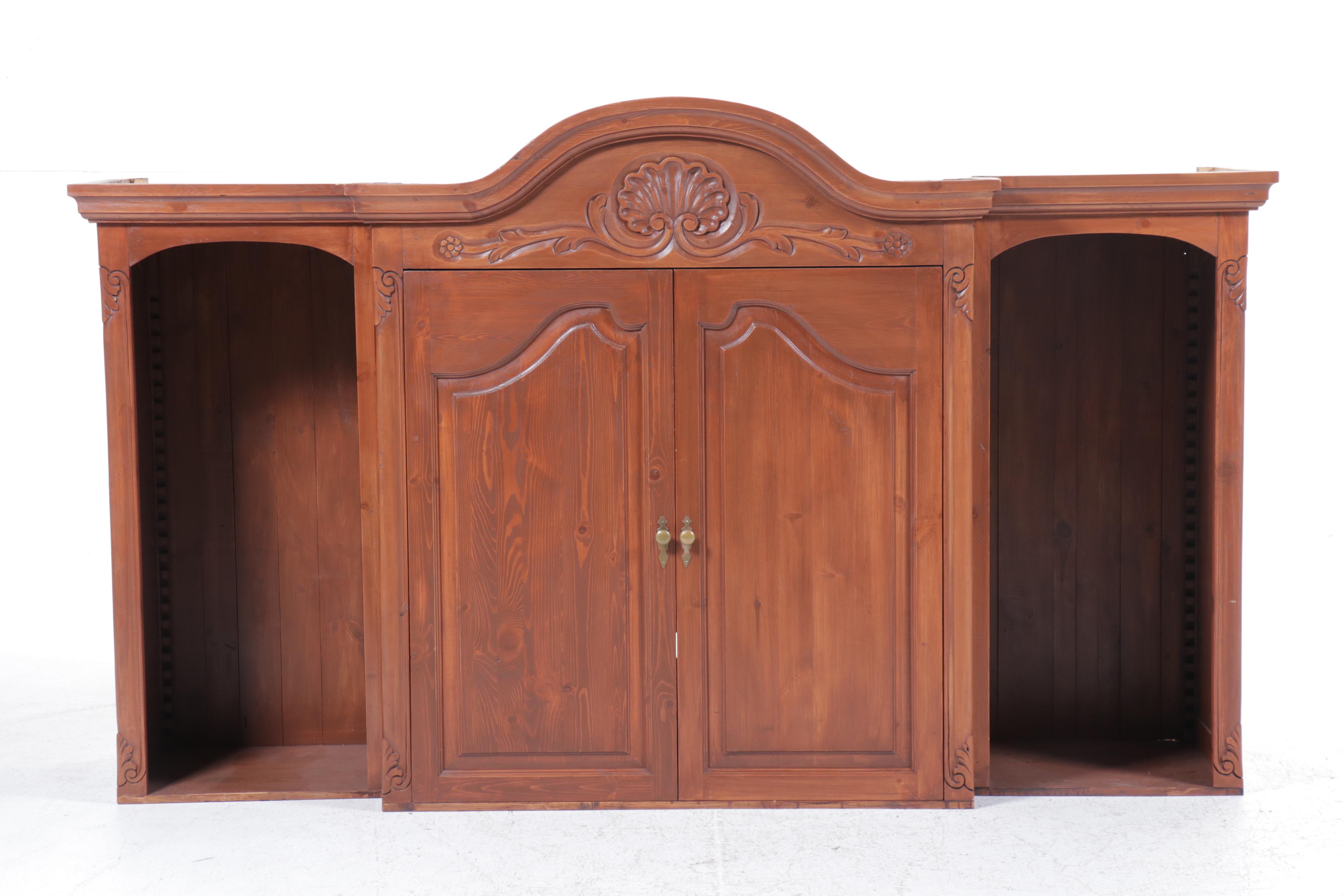 French Provincial Style Pine Breakfront Cabinet
