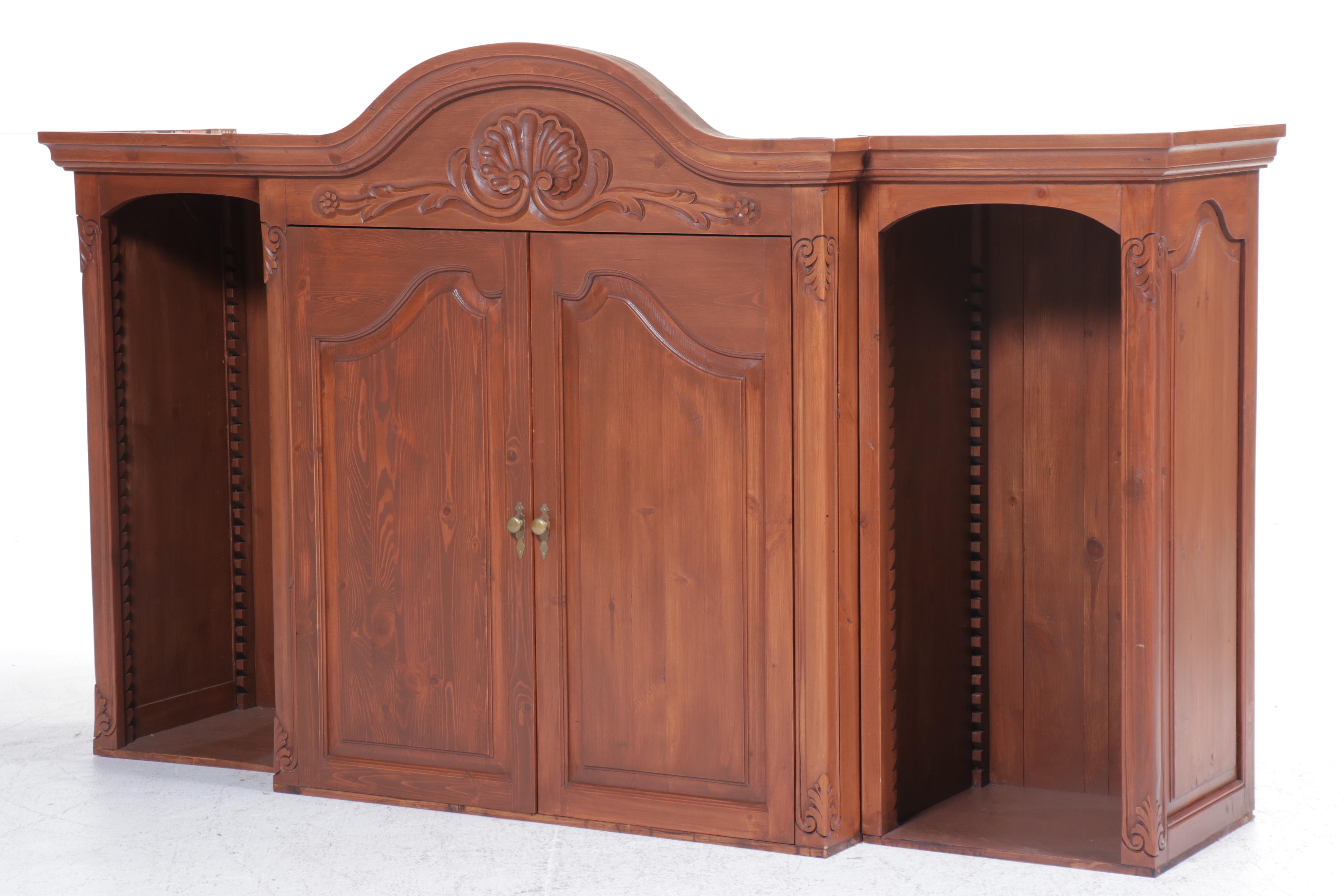 French Provincial Style Pine Breakfront Cabinet