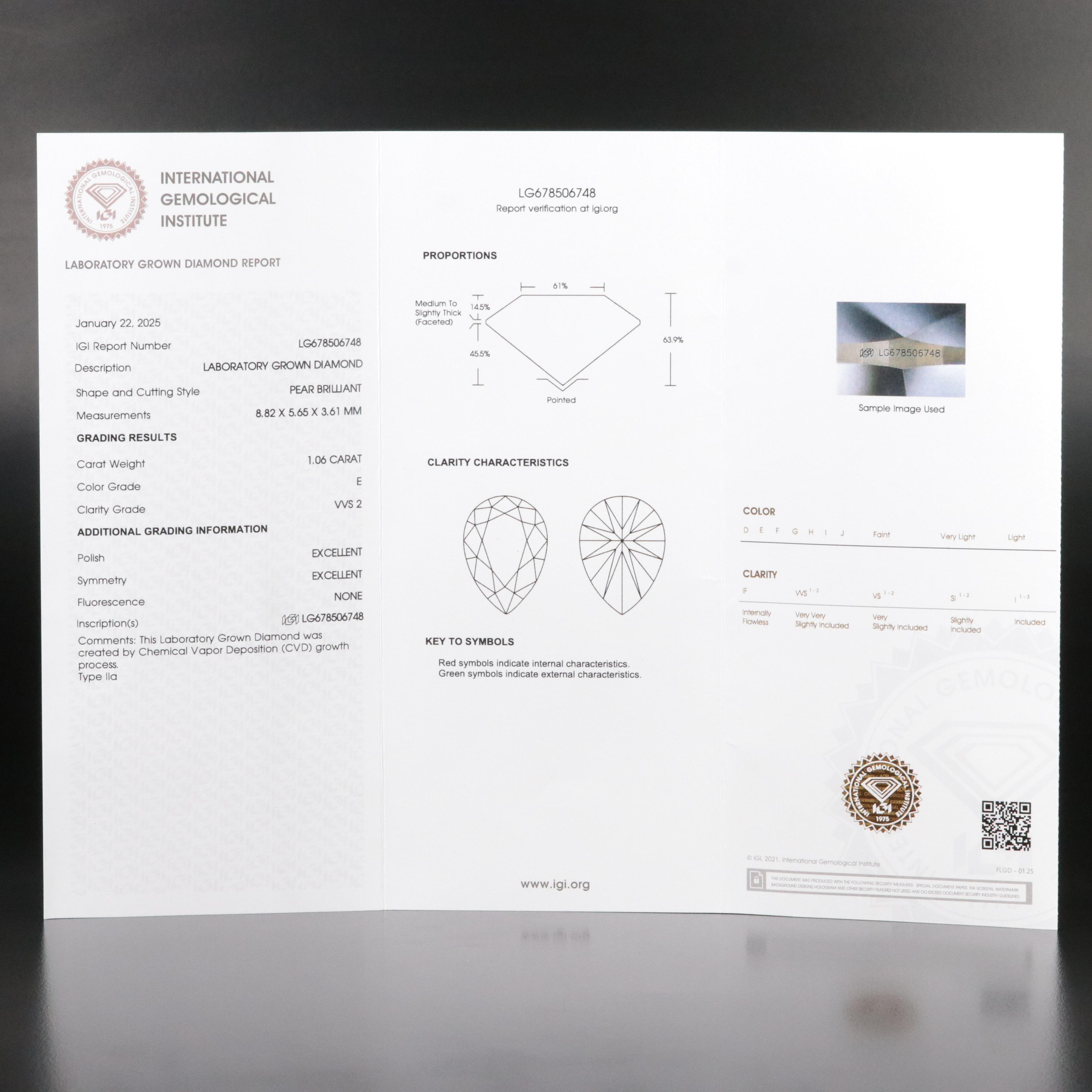 Loose 1.06 CT Lab Grown Diamond with IGI Report