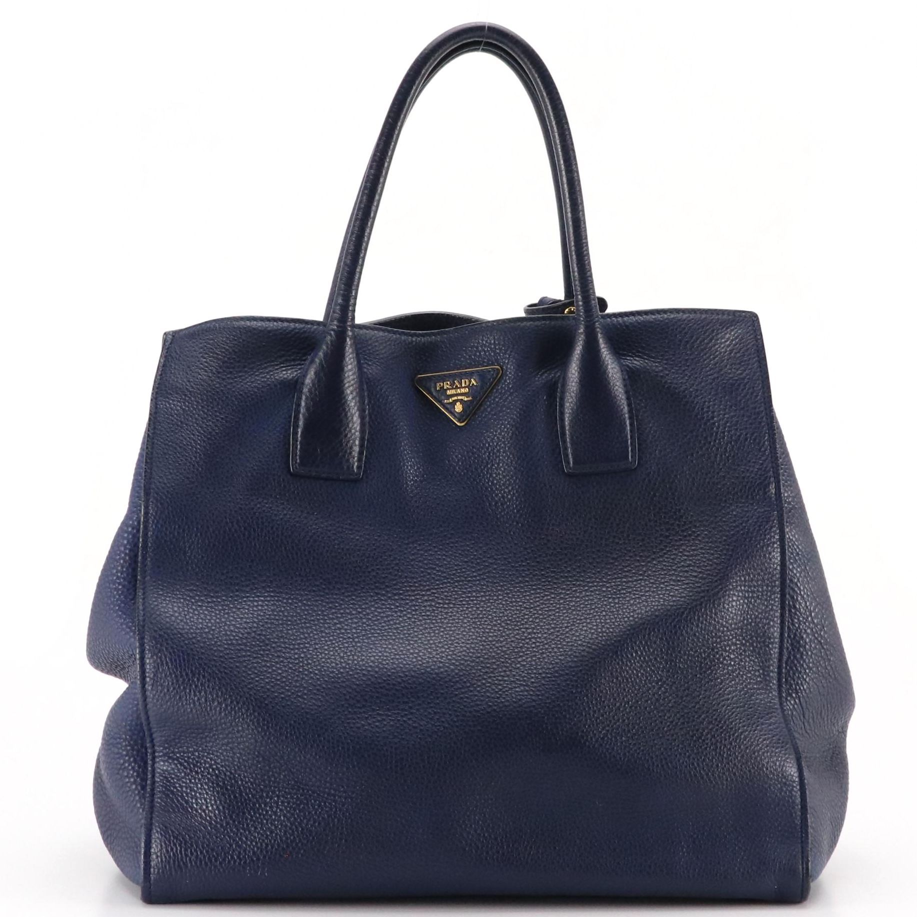 Prada Two-way Tote in Navy Blue Vitello Daino Leather