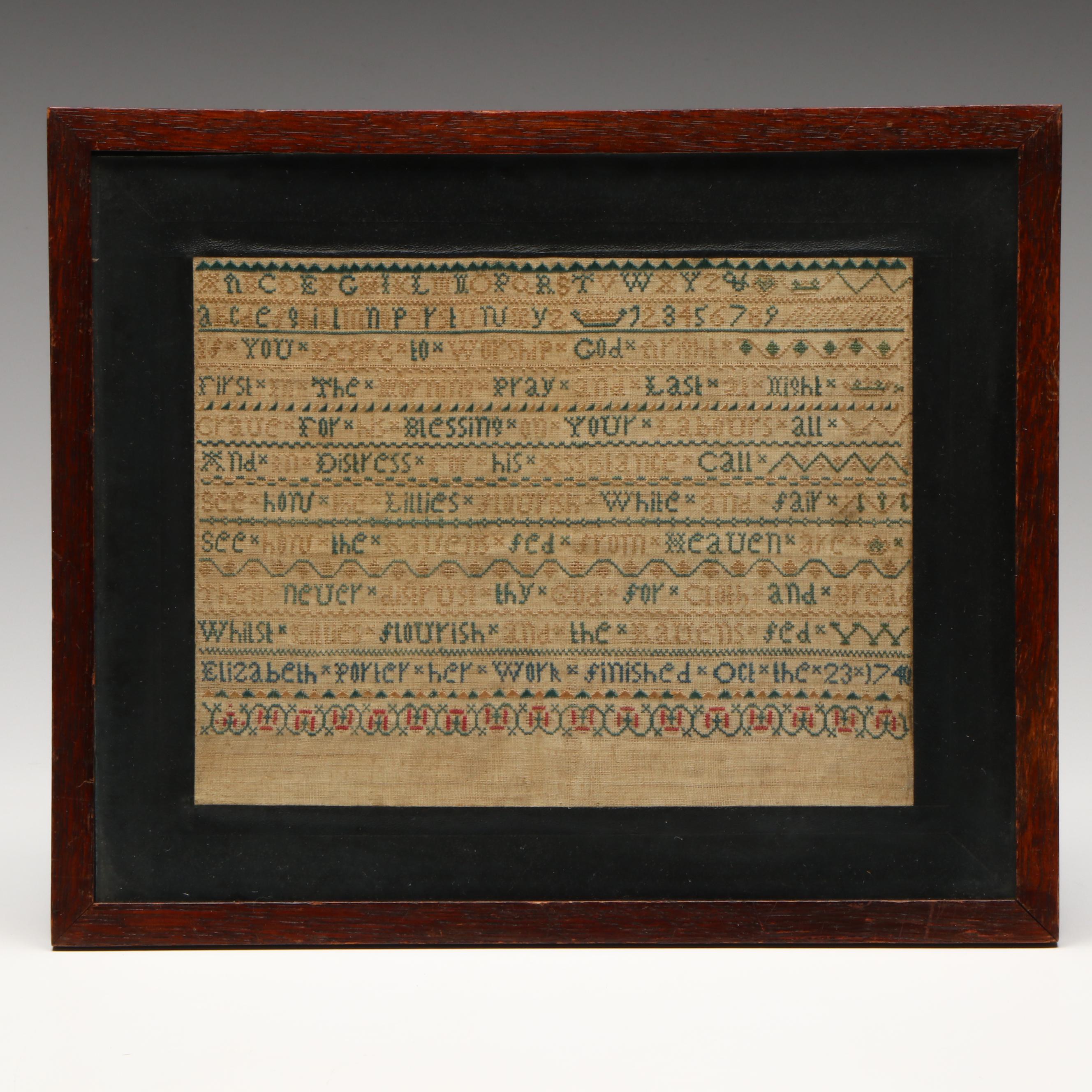 Antique American Cross Stitch Sampler by Elizabeth Porter, 1750