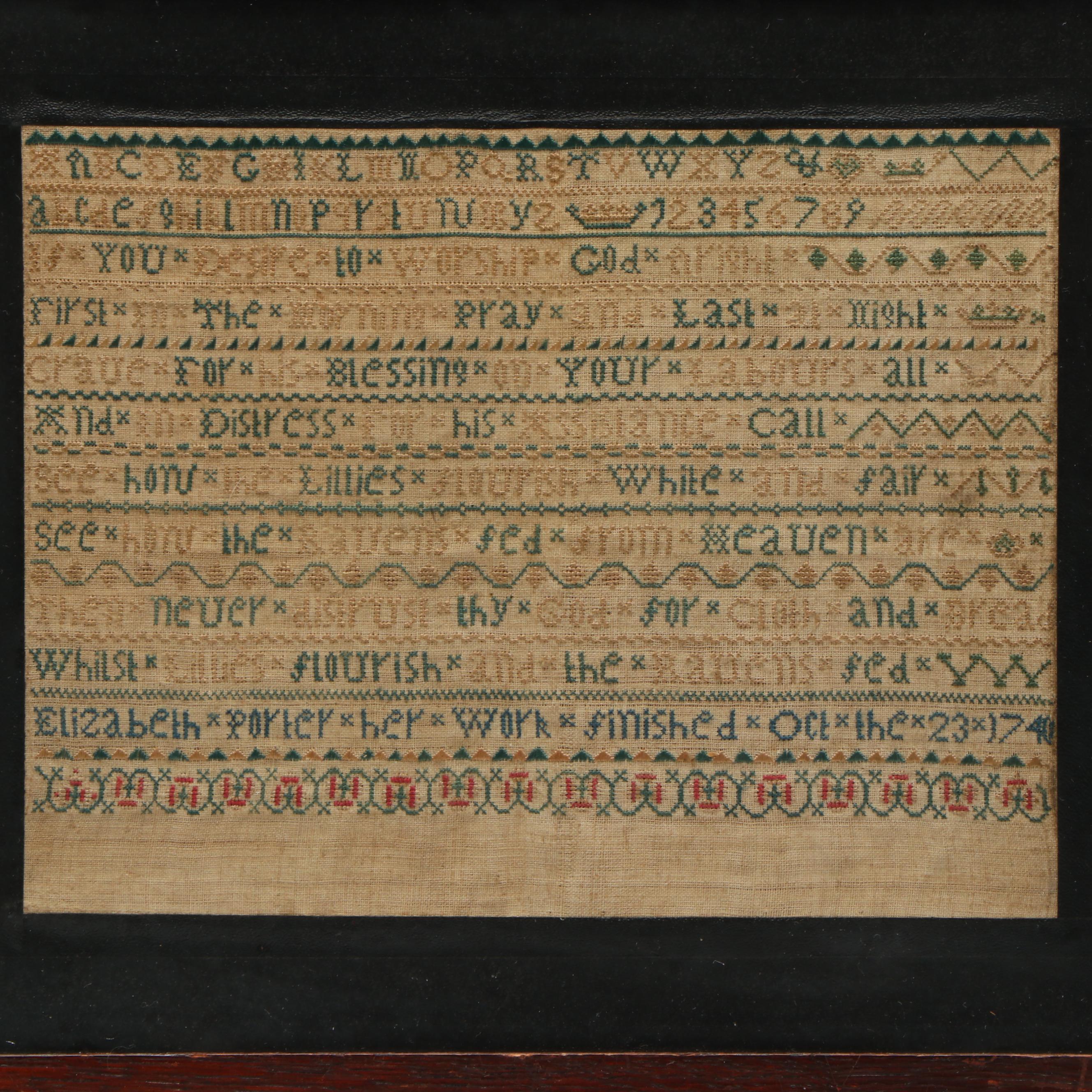 Antique American Cross Stitch Sampler by Elizabeth Porter, 1750