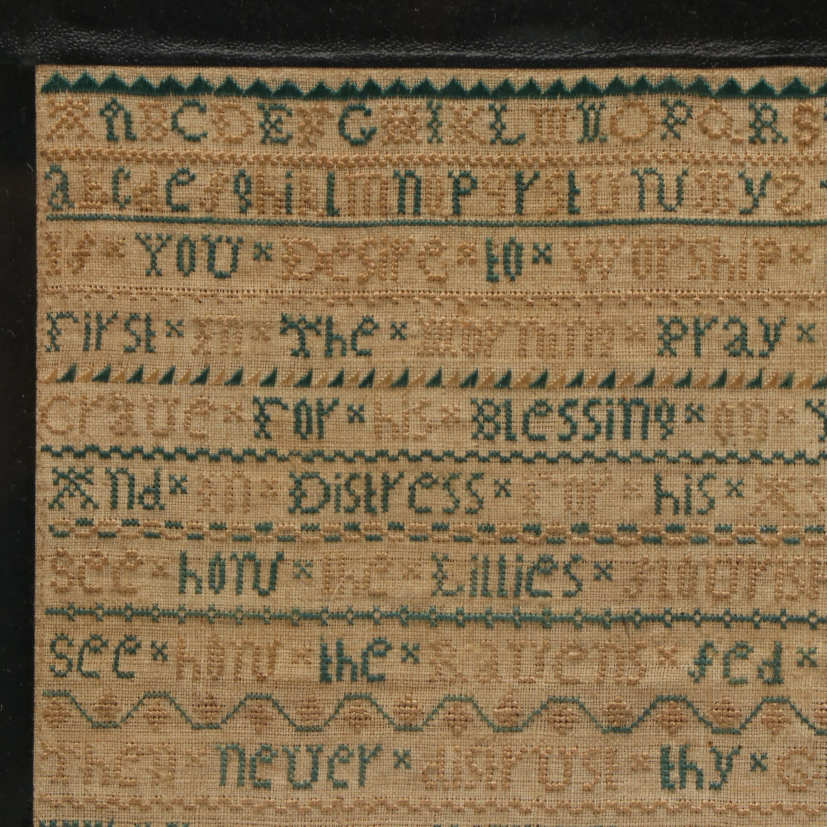 Antique American Cross Stitch Sampler by Elizabeth Porter, 1750