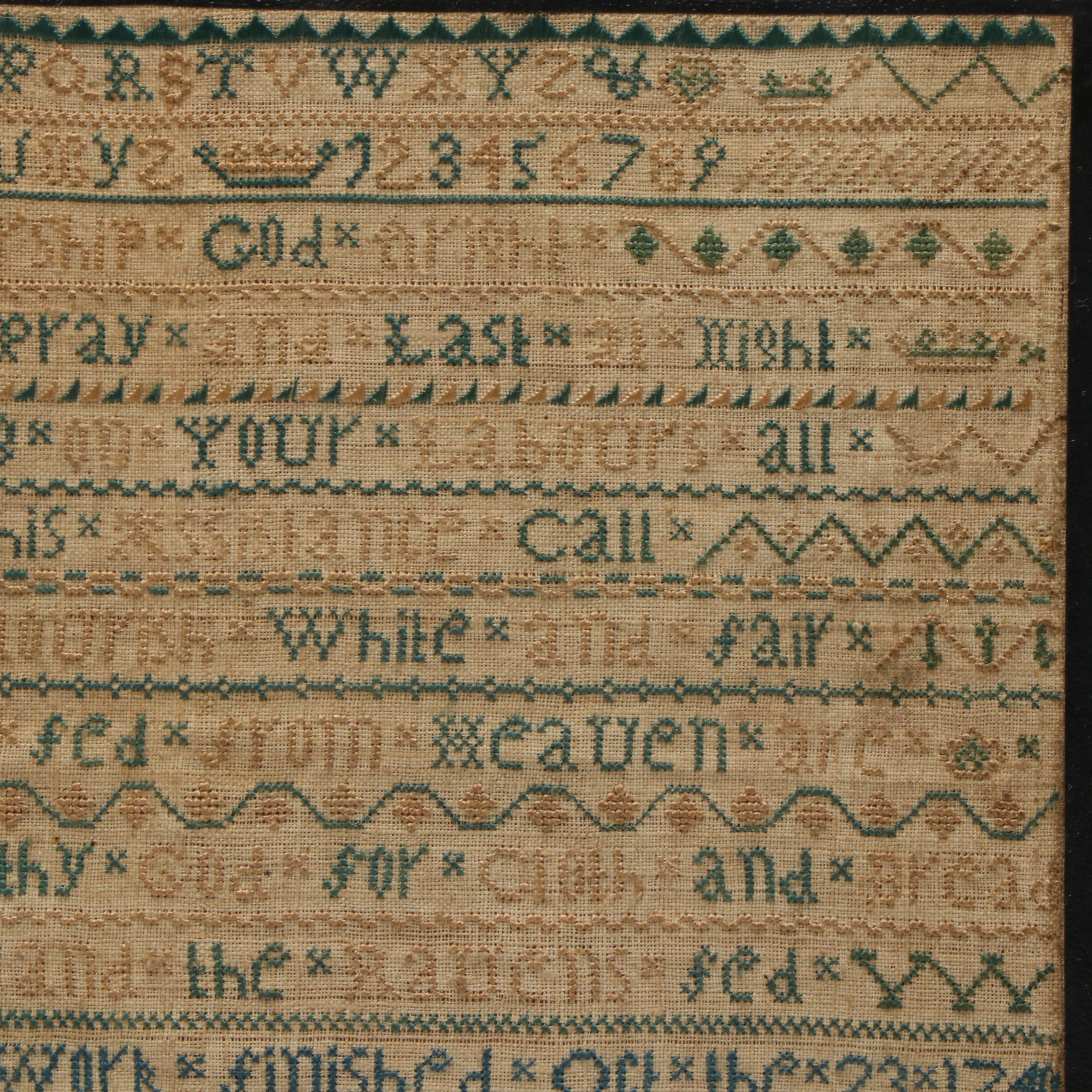Antique American Cross Stitch Sampler by Elizabeth Porter, 1750