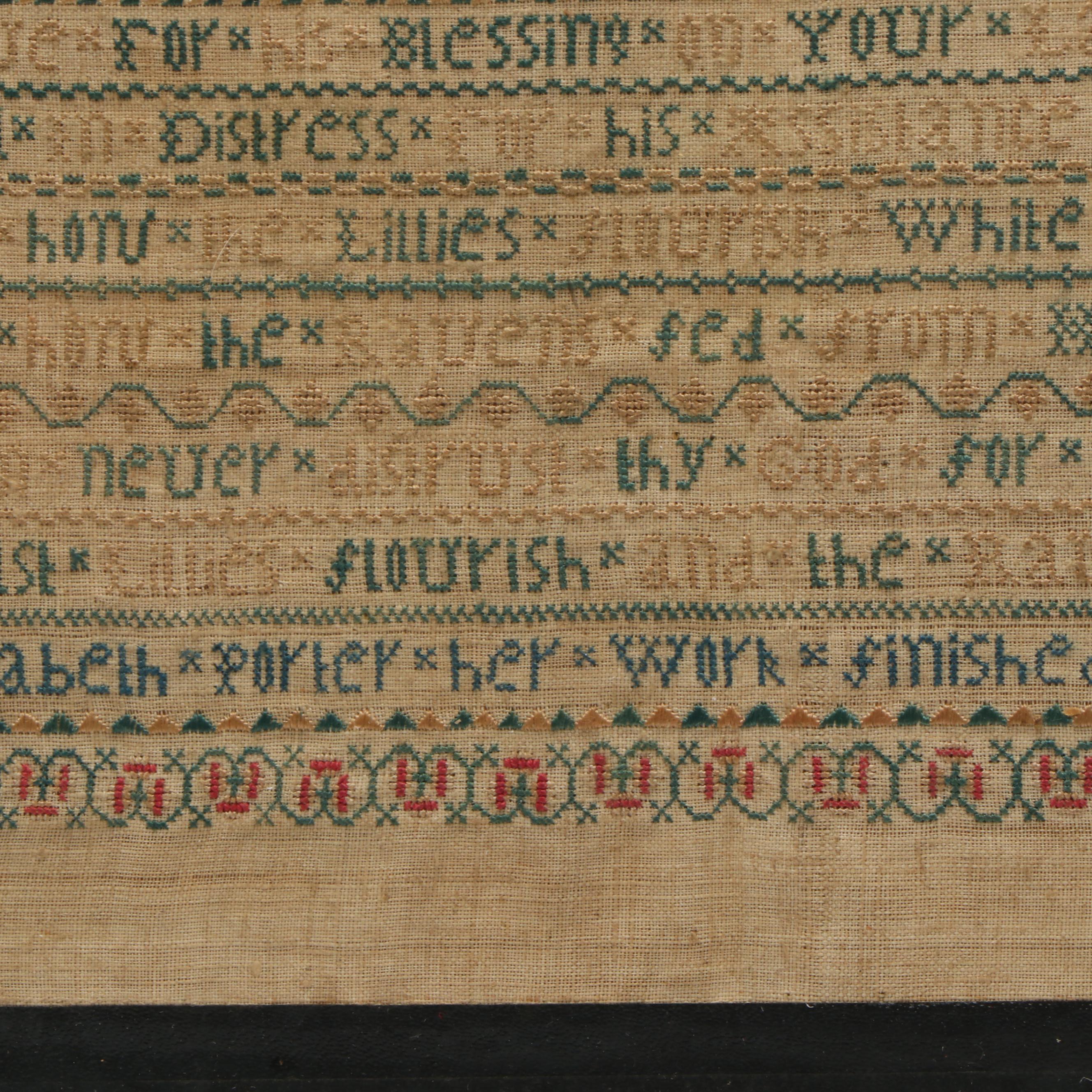 Antique American Cross Stitch Sampler by Elizabeth Porter, 1750