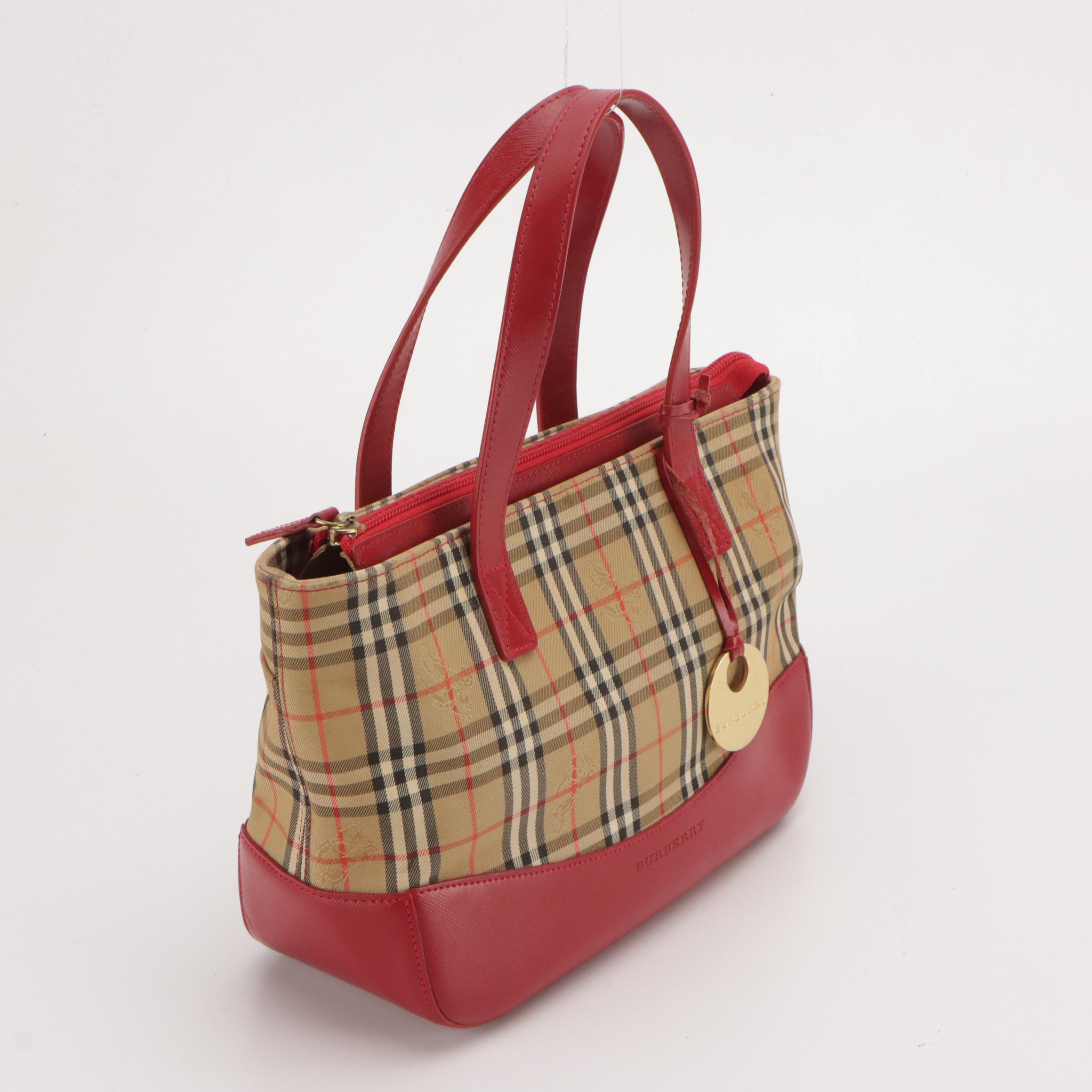 Burberrys Handbag in Haymarket Check Canvas and Red Leather Trim