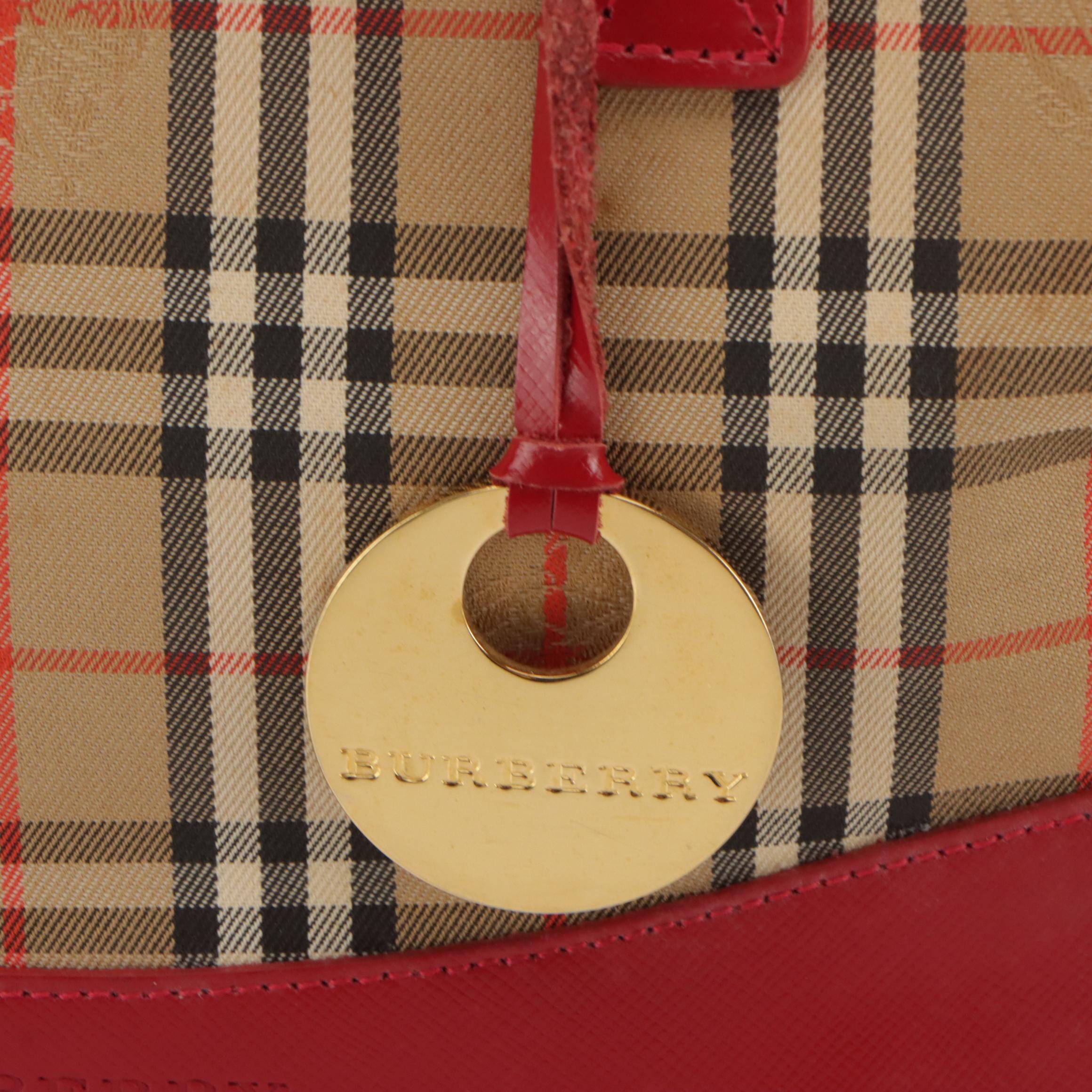 Burberrys Handbag in Haymarket Check Canvas and Red Leather Trim