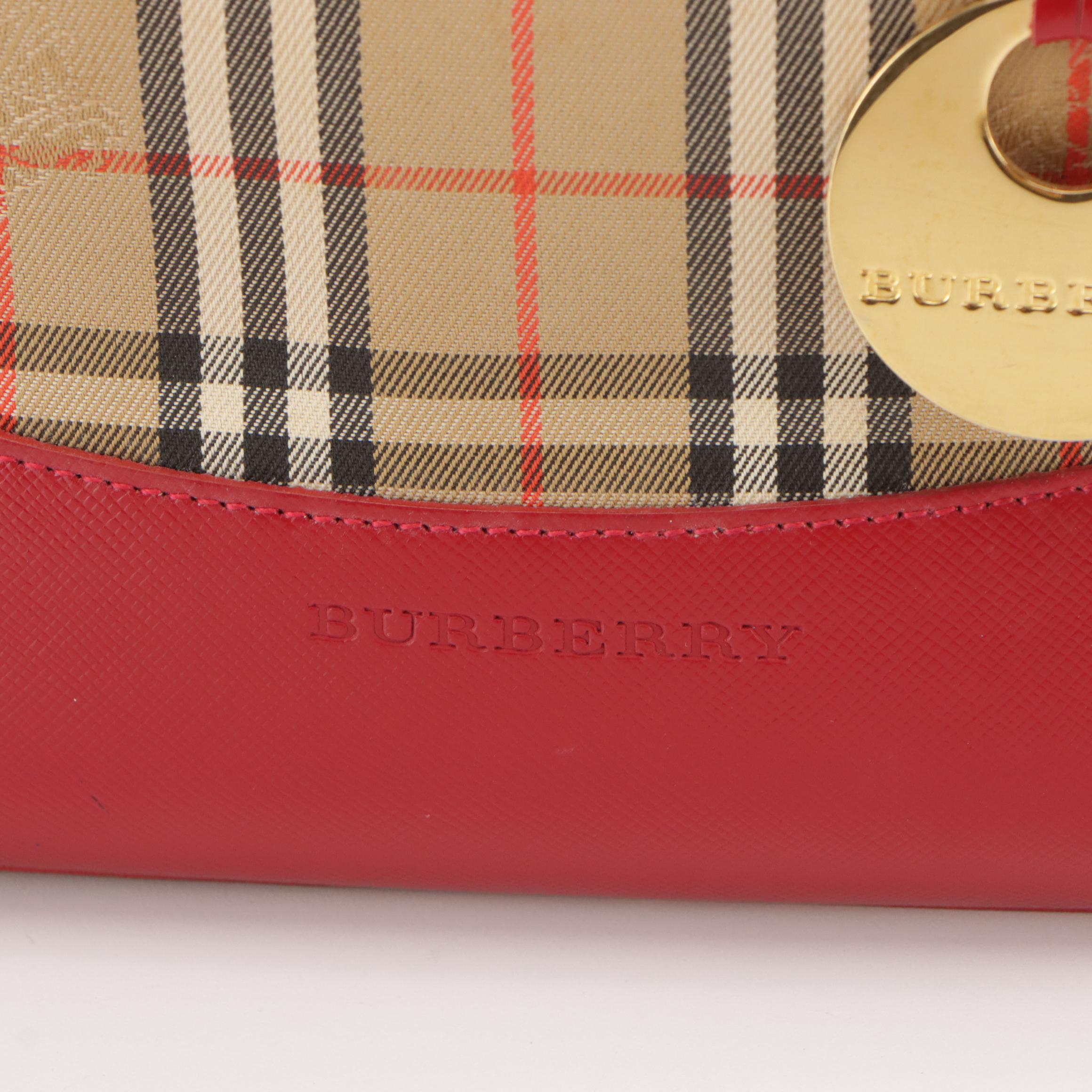 Burberrys Handbag in Haymarket Check Canvas and Red Leather Trim