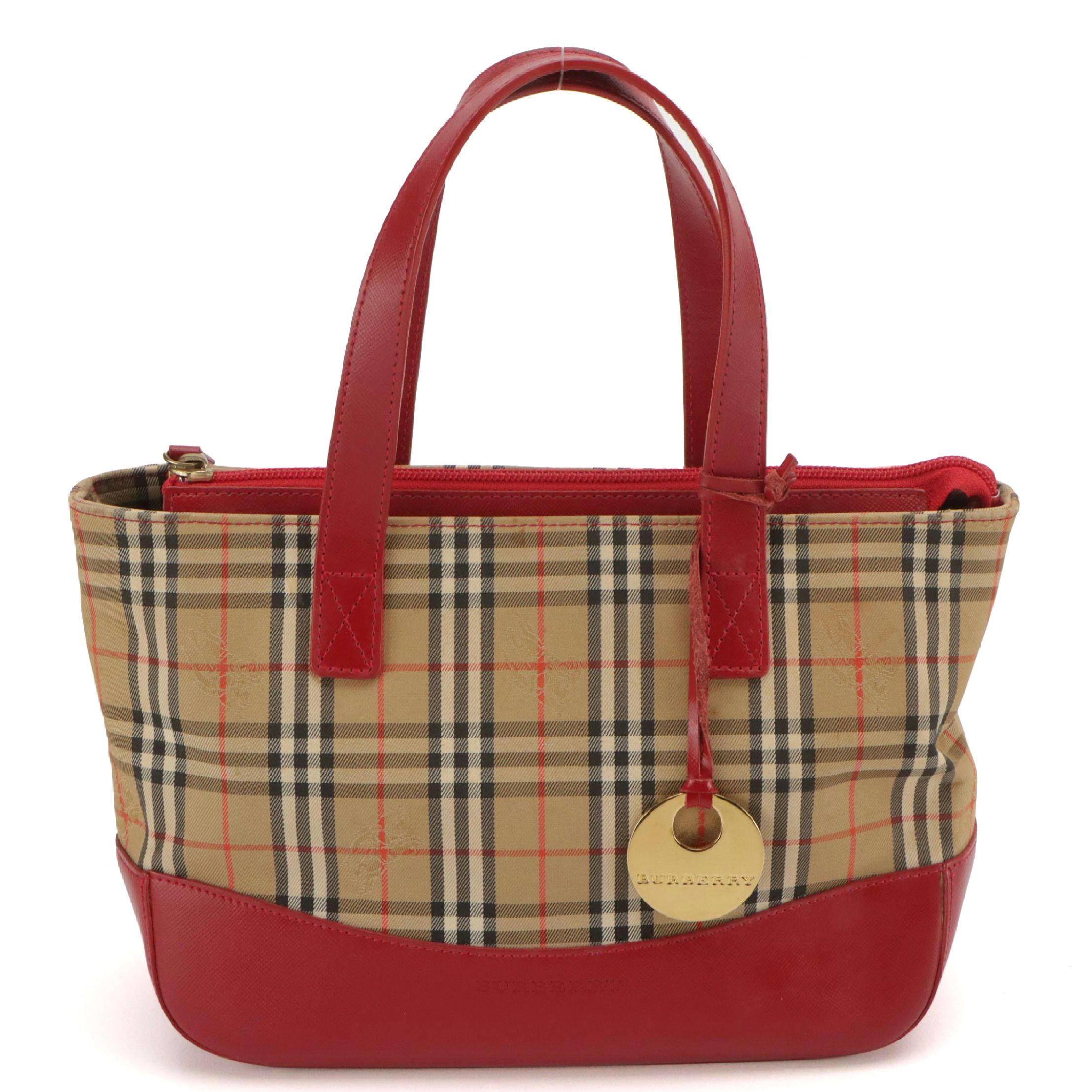 Burberrys Handbag in Haymarket Check Canvas and Red Leather Trim