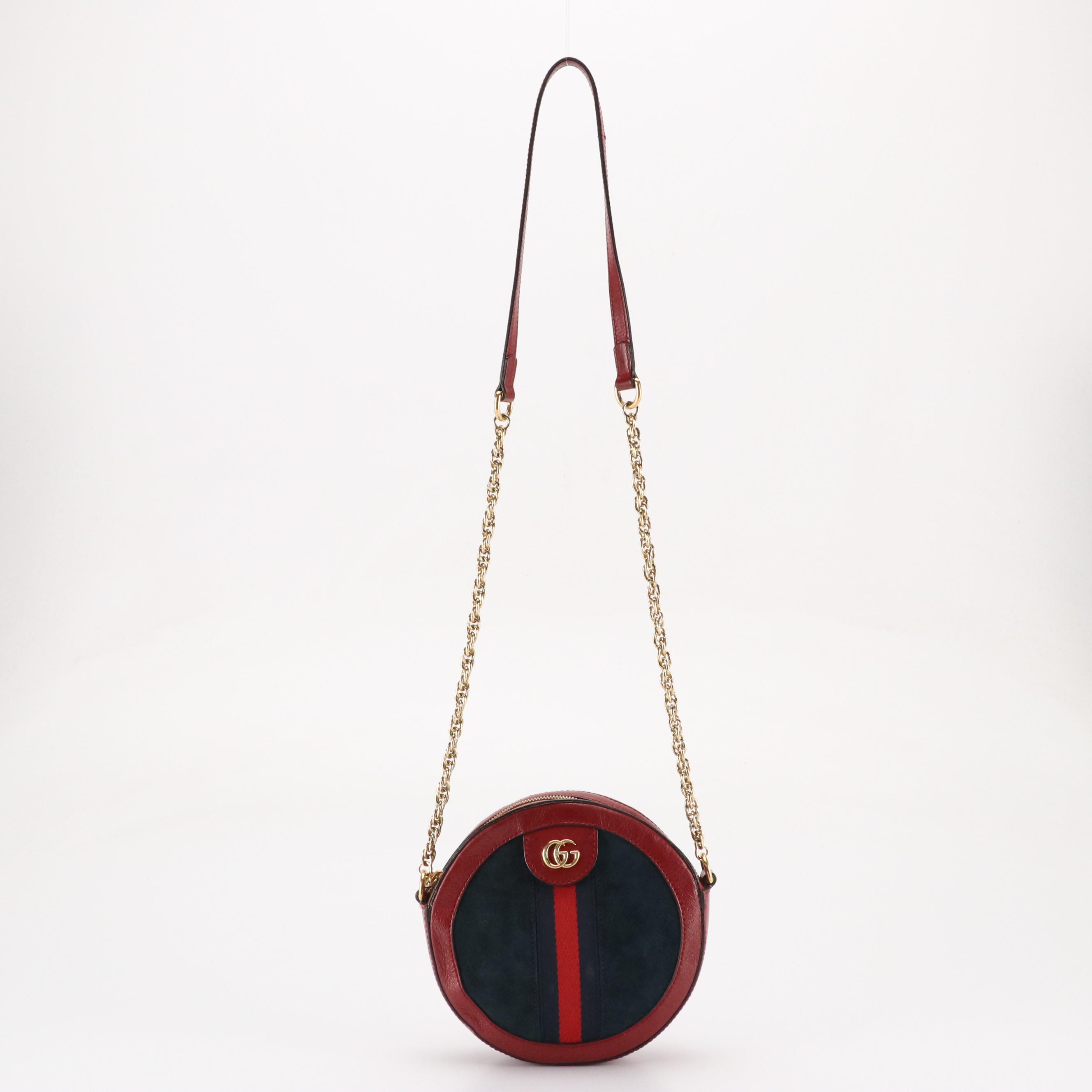 Gucci Ophidia Round Crossbody Bag in Red Leather, Navy Suede and Web Stripe