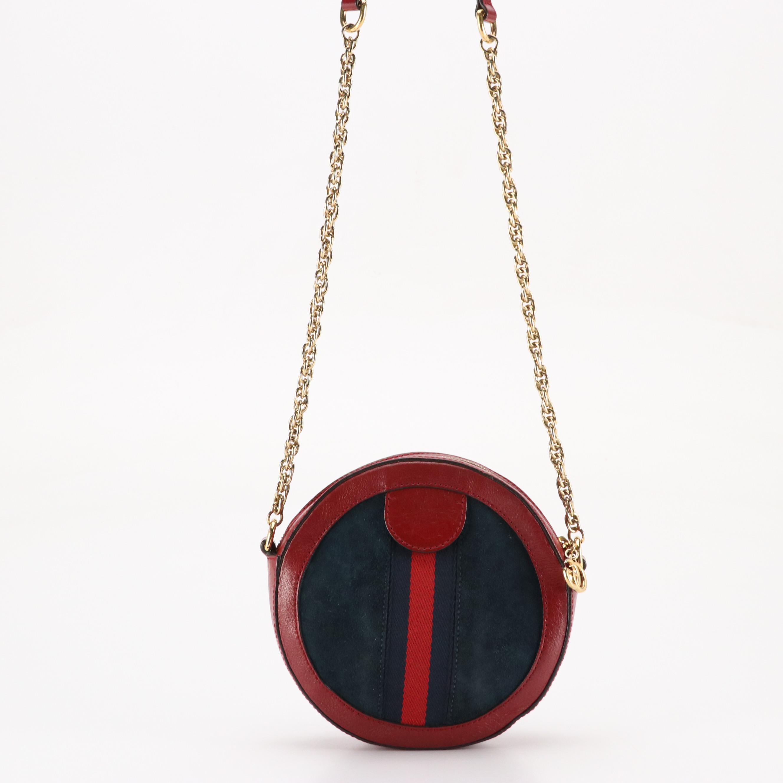 Gucci Ophidia Round Crossbody Bag in Red Leather, Navy Suede and Web Stripe