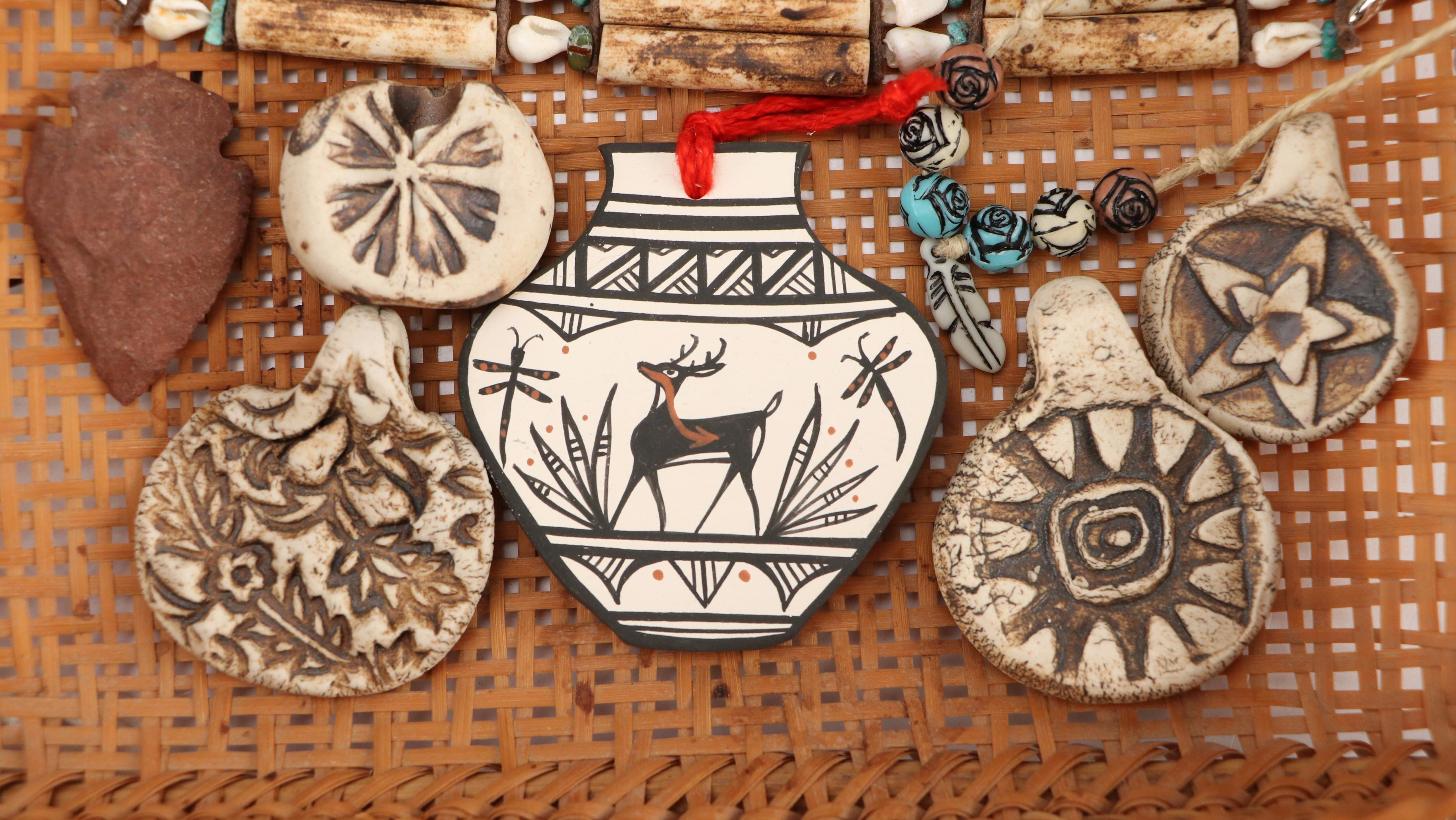 Hand-Crafted Gourd & Hide Rattles, Souvenir Buckskin Shirt, Basket, and More