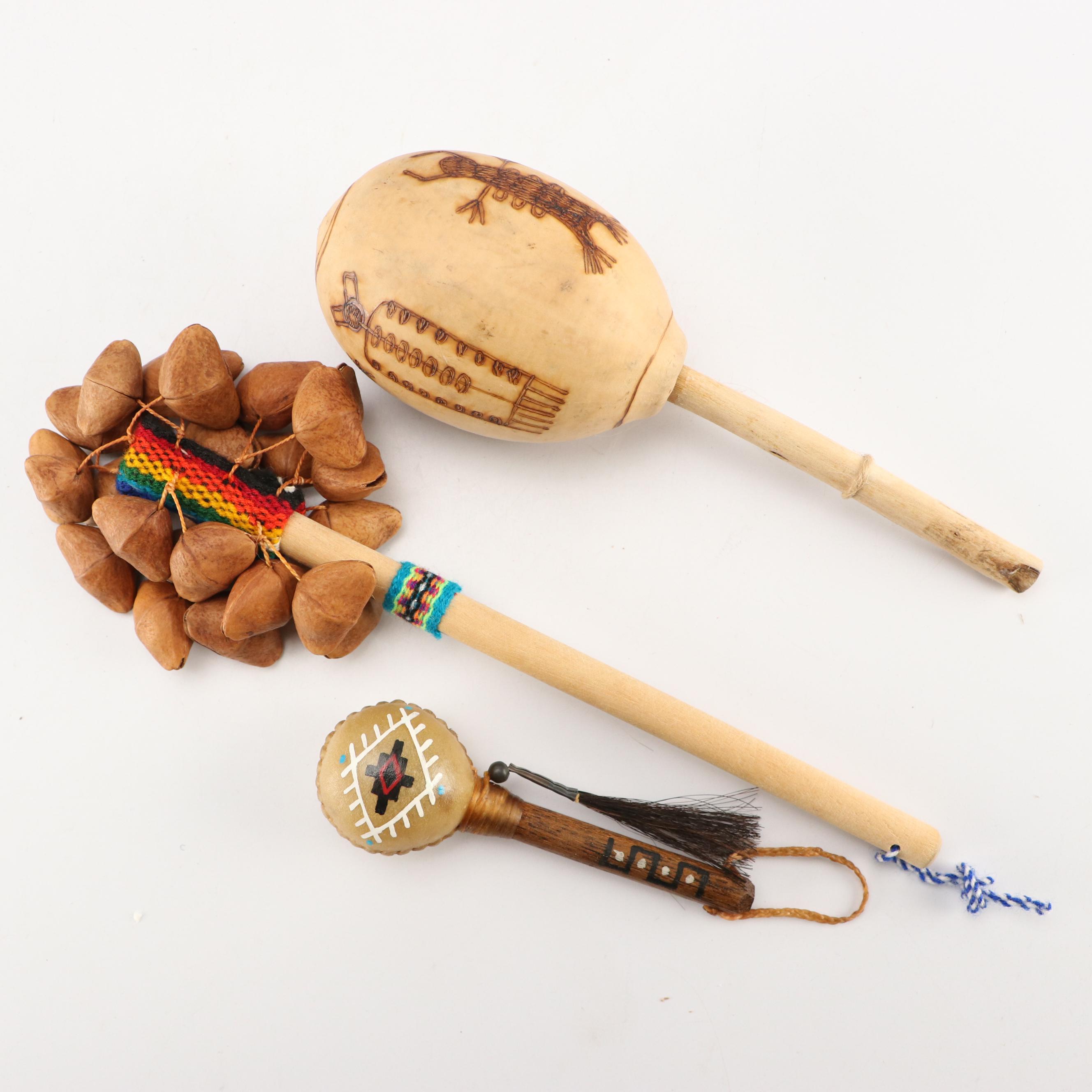 Hand-Crafted Gourd & Hide Rattles, Souvenir Buckskin Shirt, Basket, and More