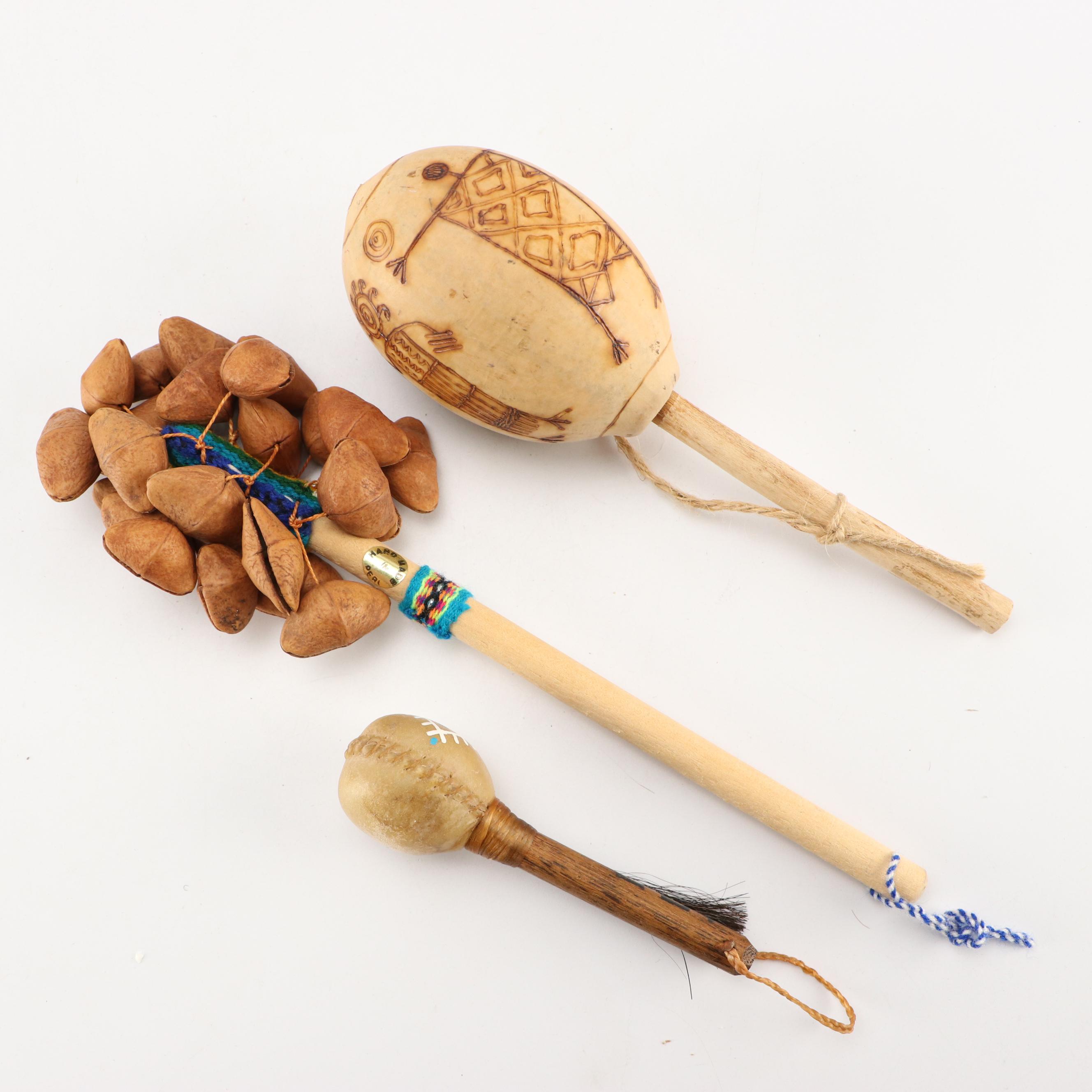 Hand-Crafted Gourd & Hide Rattles, Souvenir Buckskin Shirt, Basket, and More
