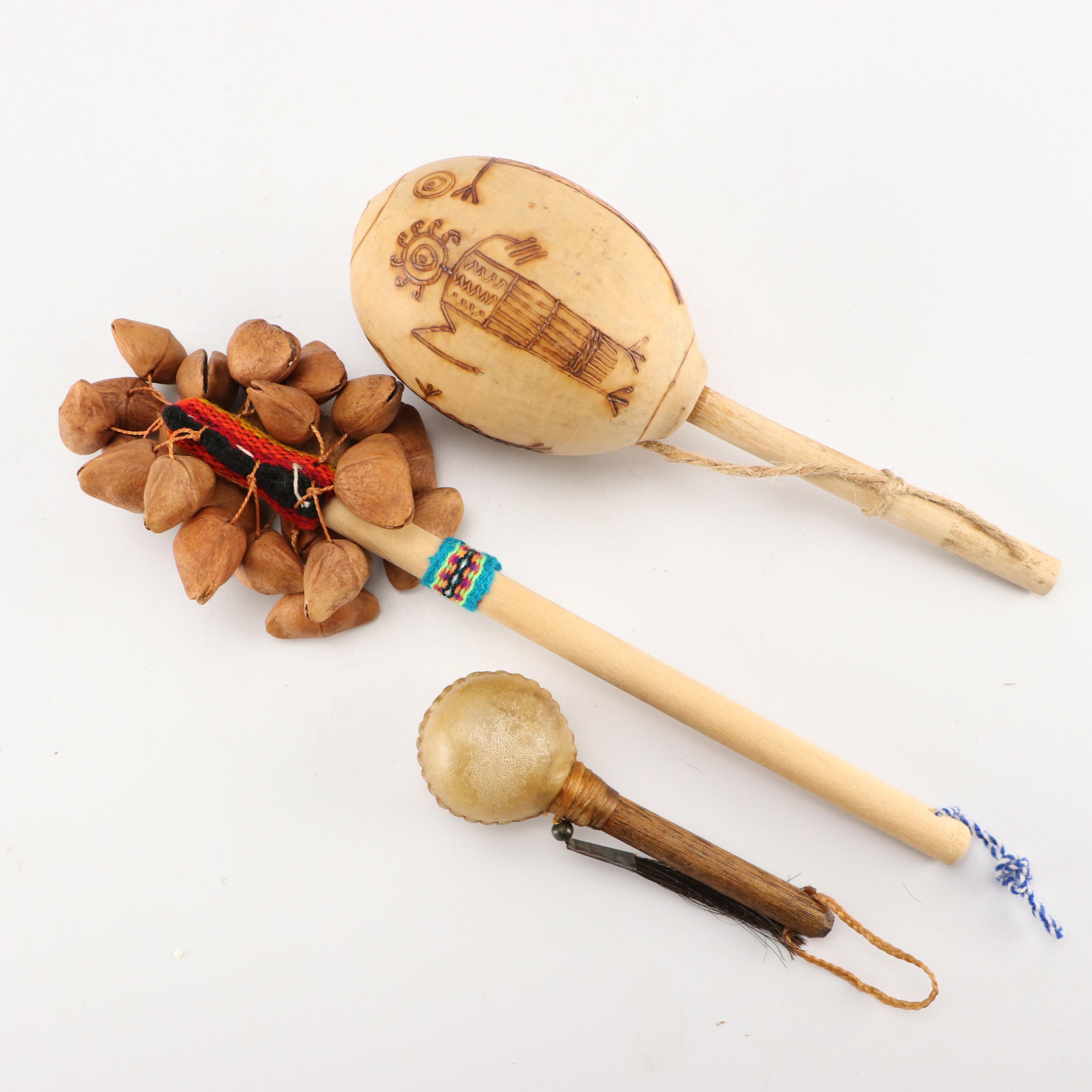 Hand-Crafted Gourd & Hide Rattles, Souvenir Buckskin Shirt, Basket, and More