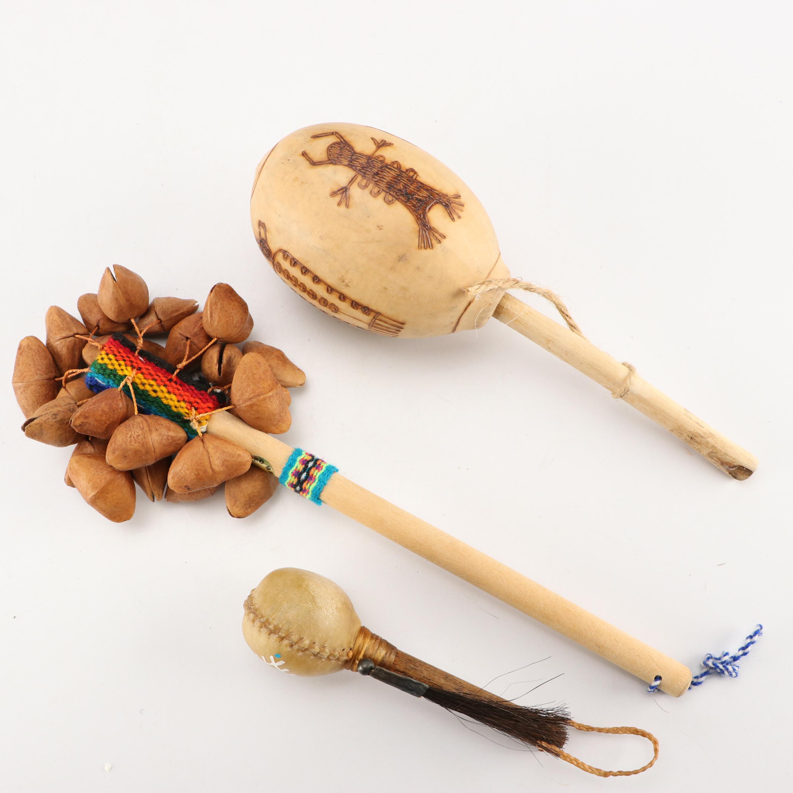 Hand-Crafted Gourd & Hide Rattles, Souvenir Buckskin Shirt, Basket, and More