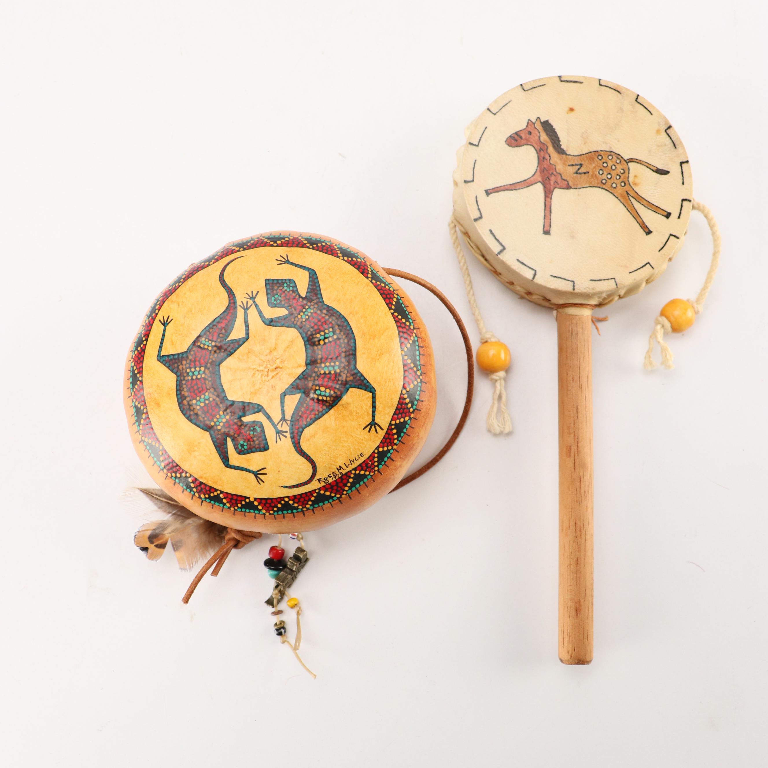 Hand-Crafted Gourd & Hide Rattles, Souvenir Buckskin Shirt, Basket, and More