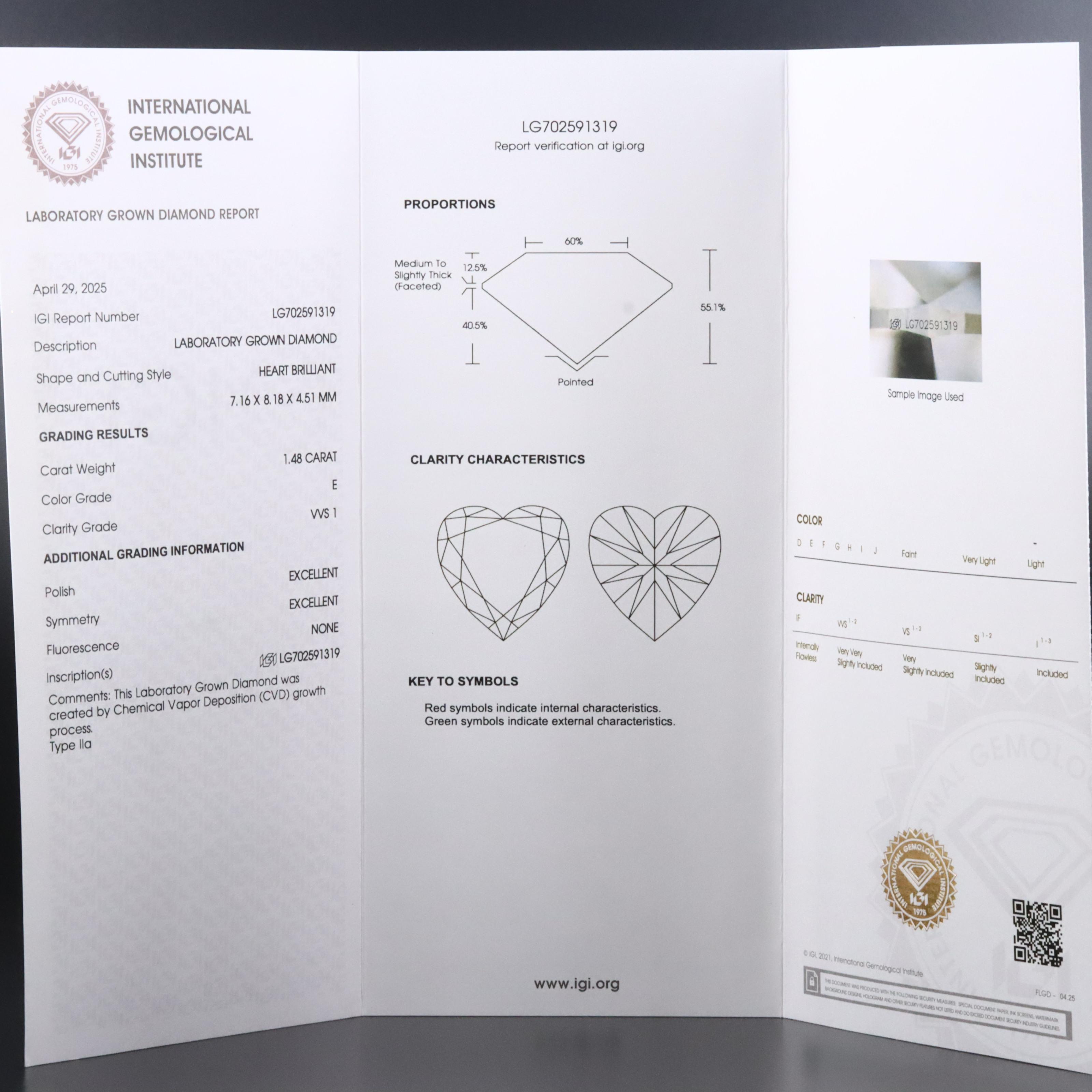 Loose 1.48 CT Lab Grown Diamond with IGI Report