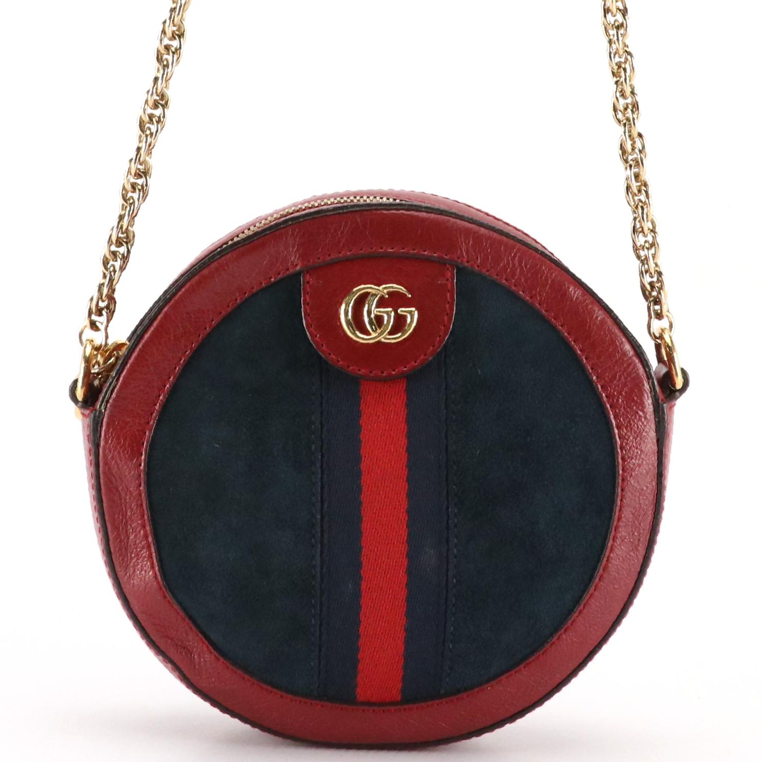 Gucci Ophidia Round Crossbody Bag in Red Leather, Navy Suede and Web Stripe