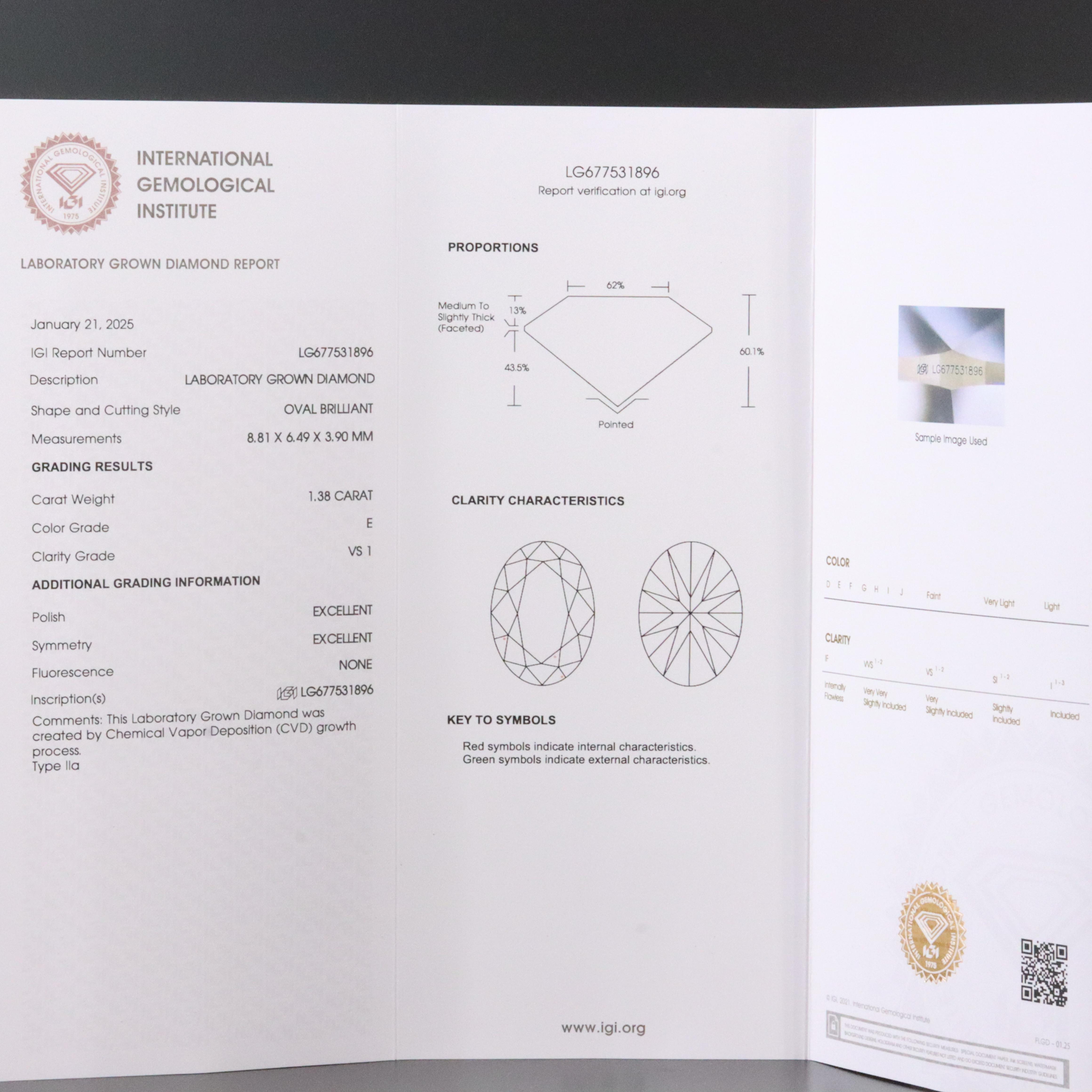 Loose 1.38 CT Lab Grown Diamond with IGI Report