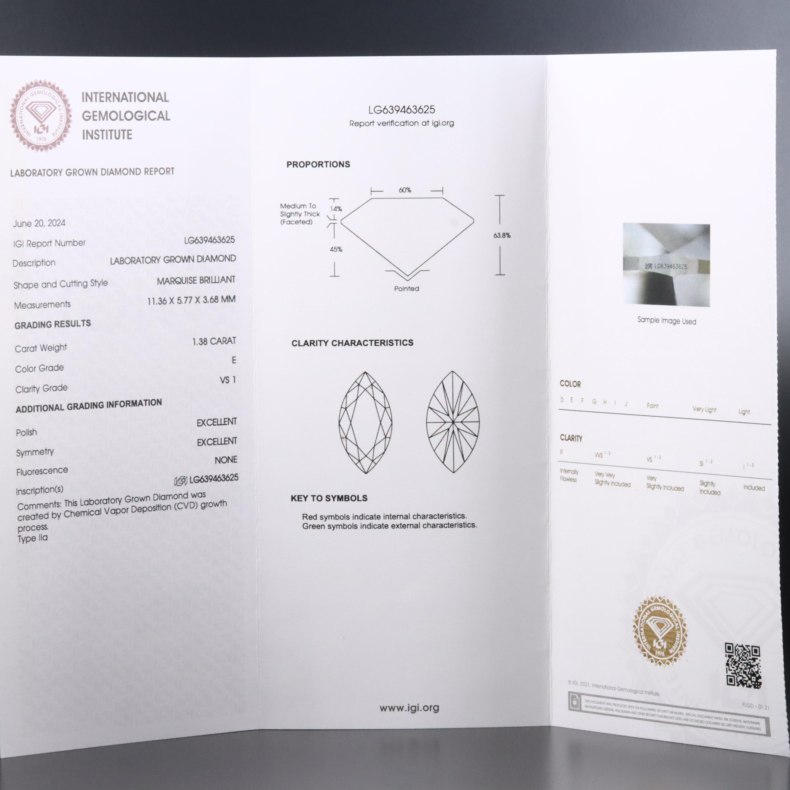 Loose 1.38 CT Lab Grown Diamond with IGI Report