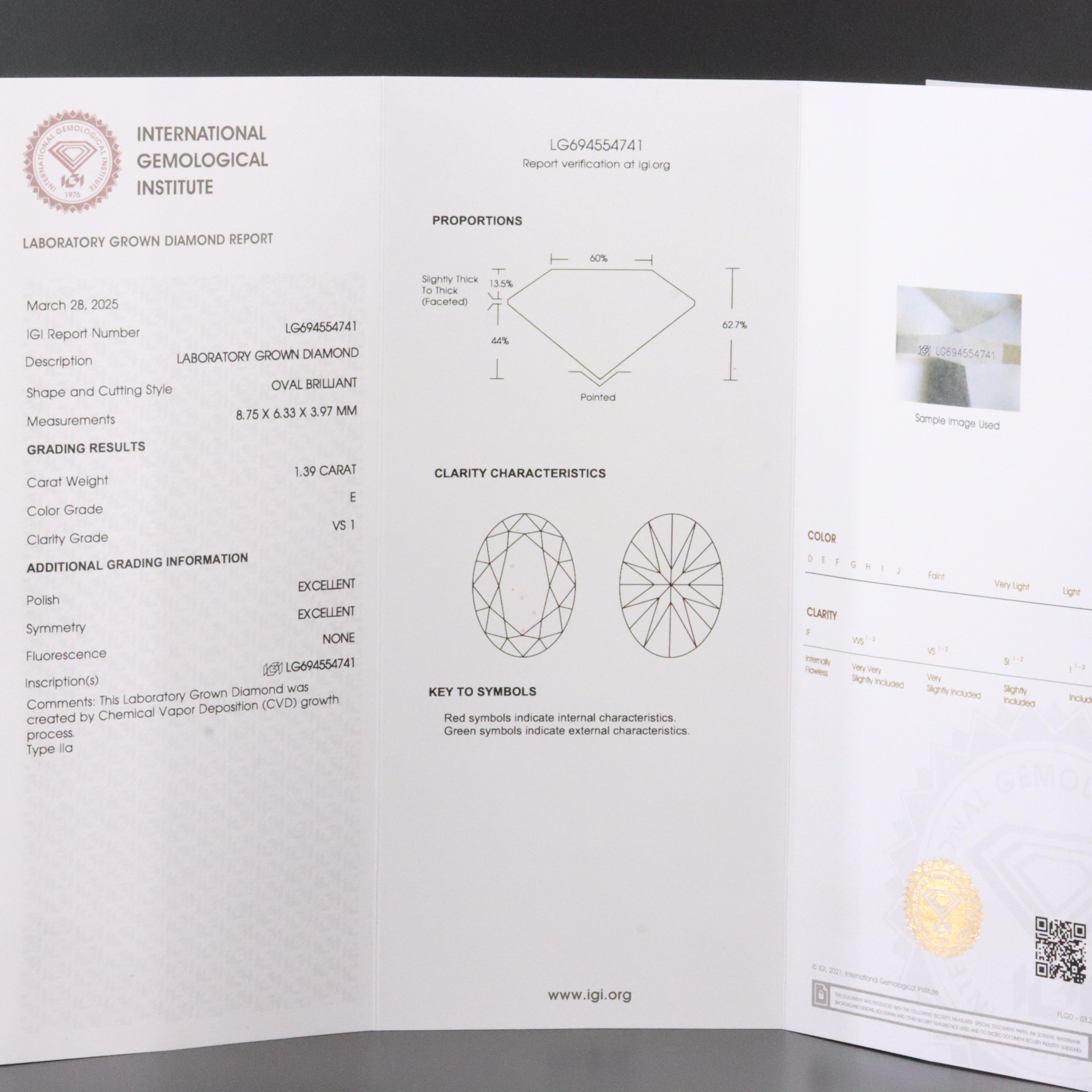 Loose 1.39 CT Lab Grown Diamond with IGI Report