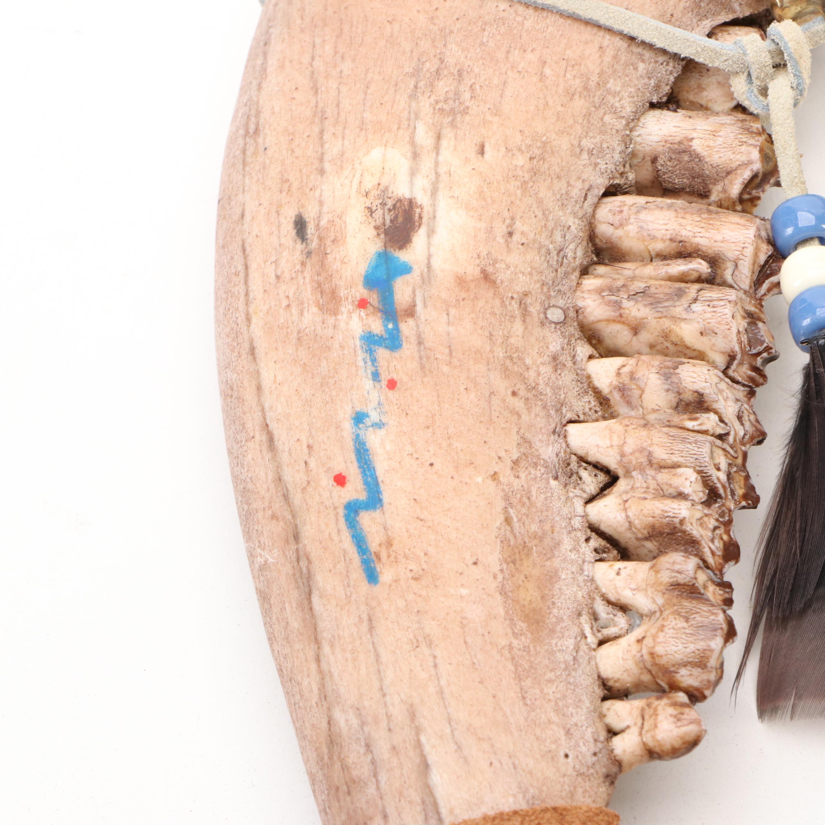 Stone Head Souvenir War Club with Stone Tomahawk and Bison Jawbone