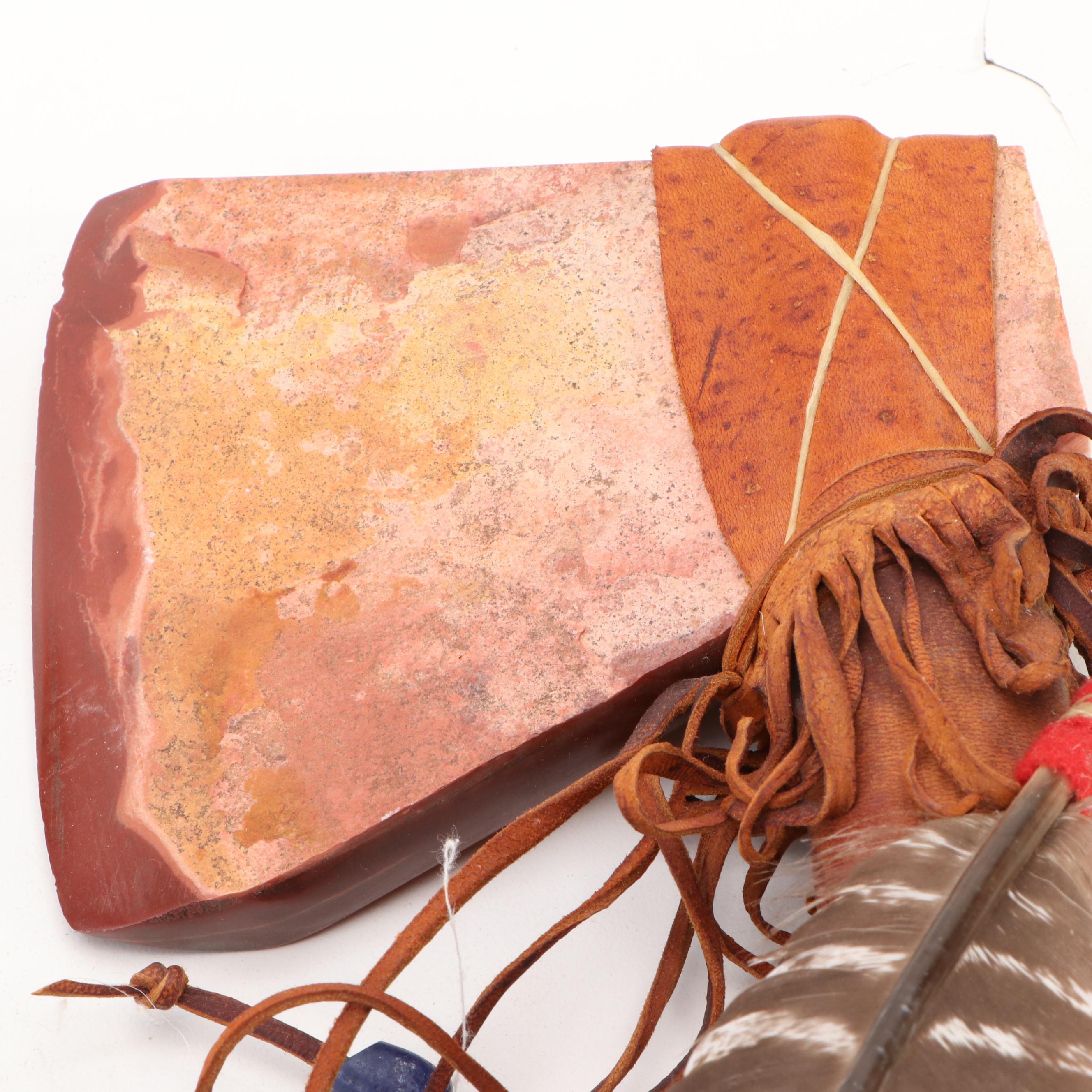 Stone Head Souvenir War Club with Stone Tomahawk and Bison Jawbone