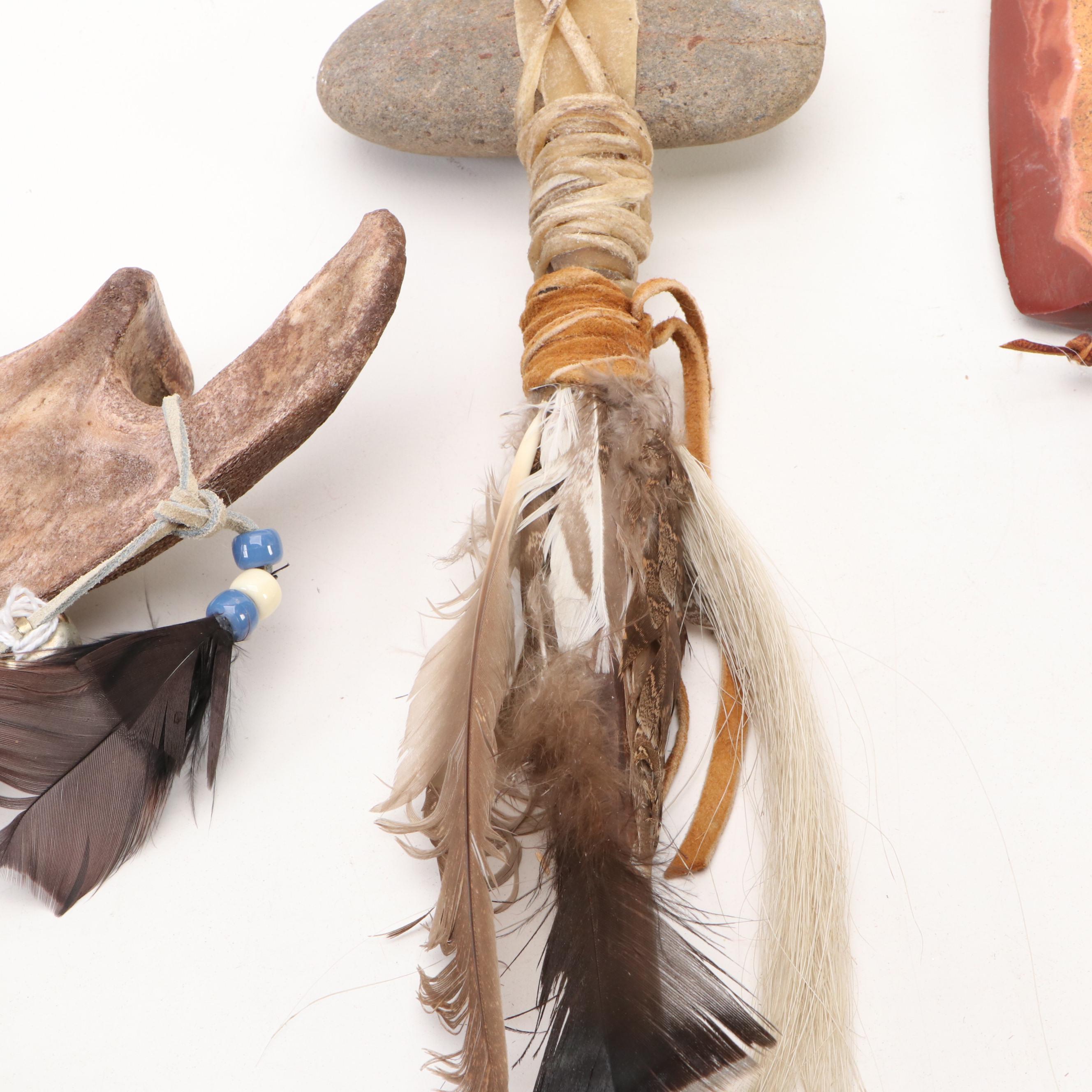 Stone Head Souvenir War Club with Stone Tomahawk and Bison Jawbone