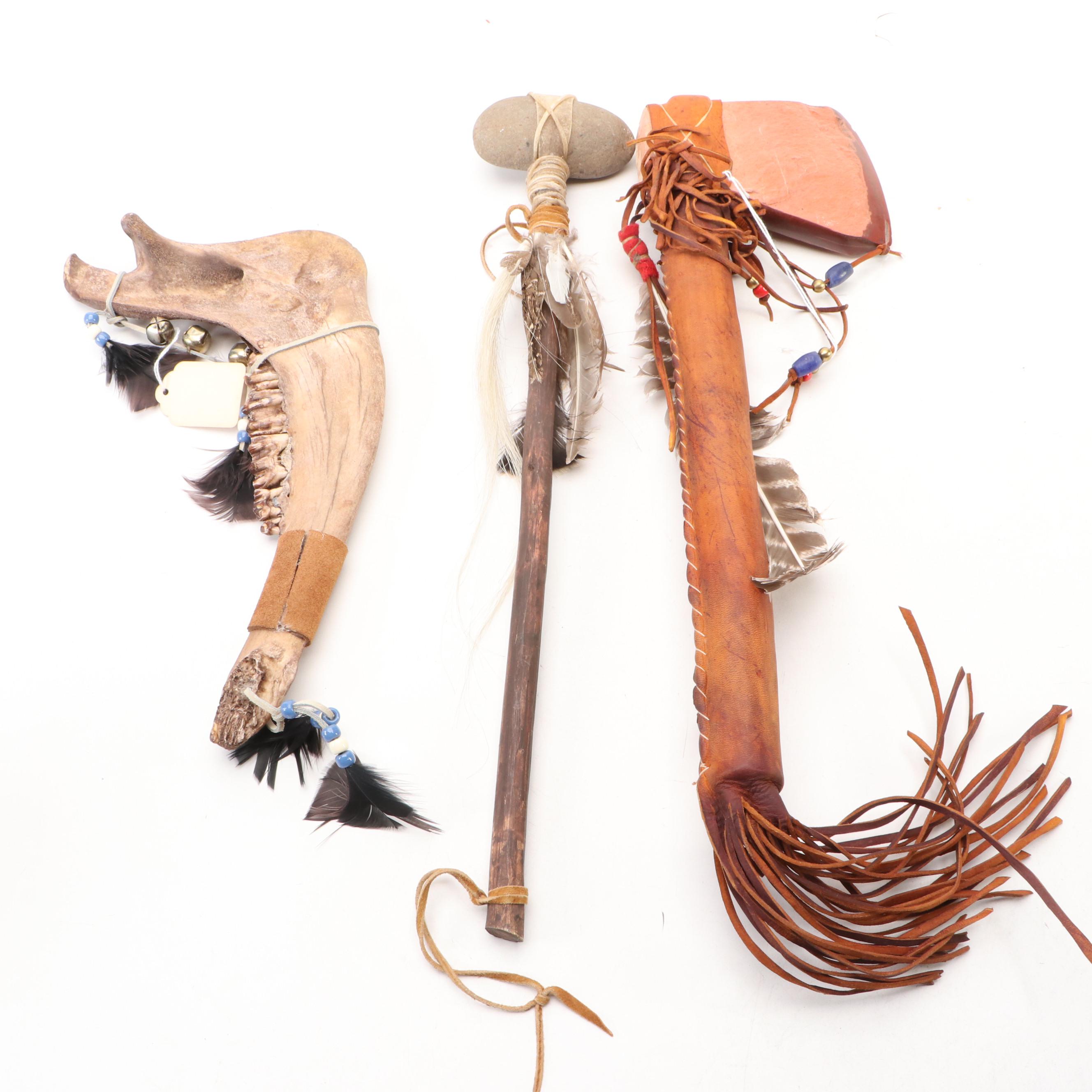 Stone Head Souvenir War Club with Stone Tomahawk and Bison Jawbone