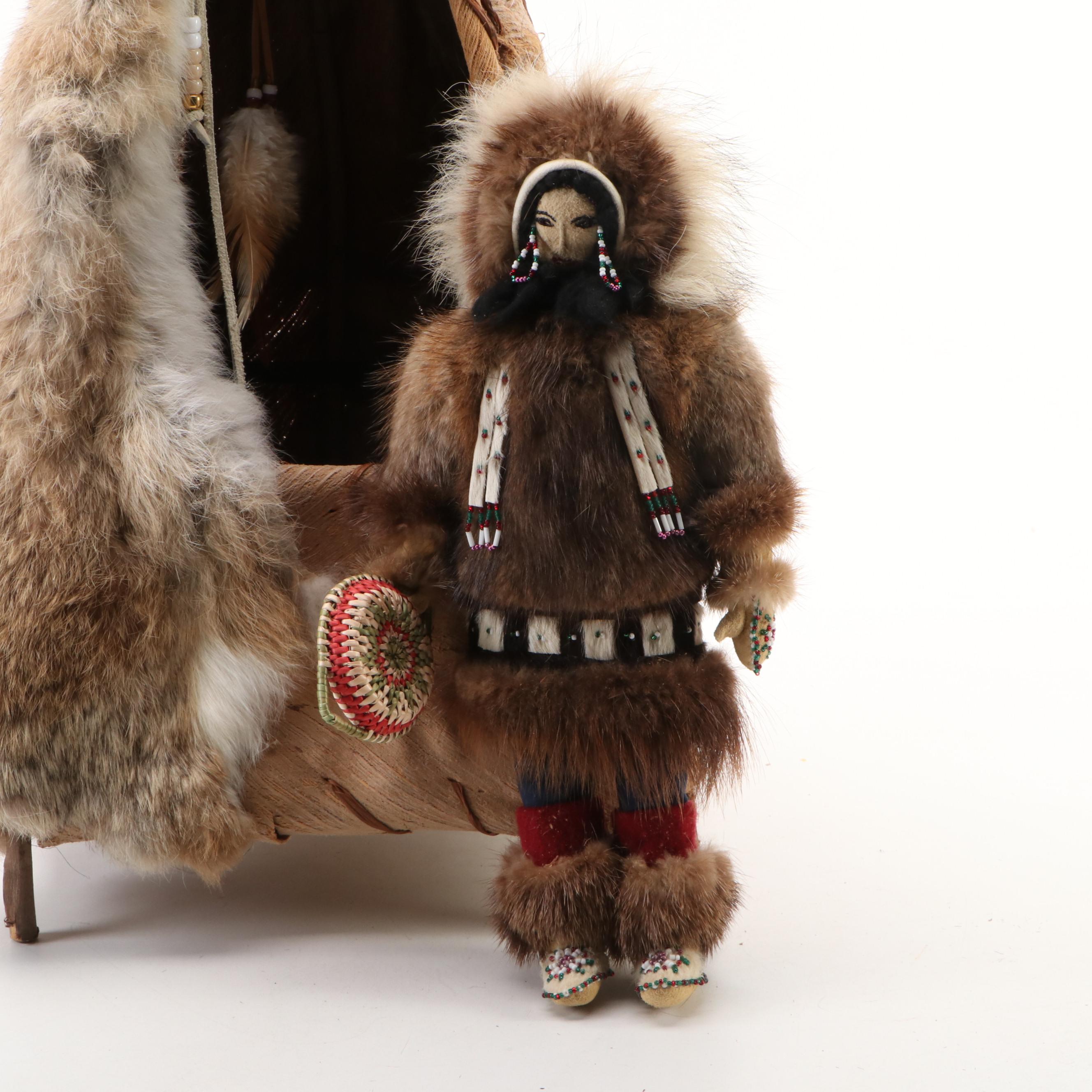 Artisan Made Folk Art Native American Maiden Cloth Doll with Teepee