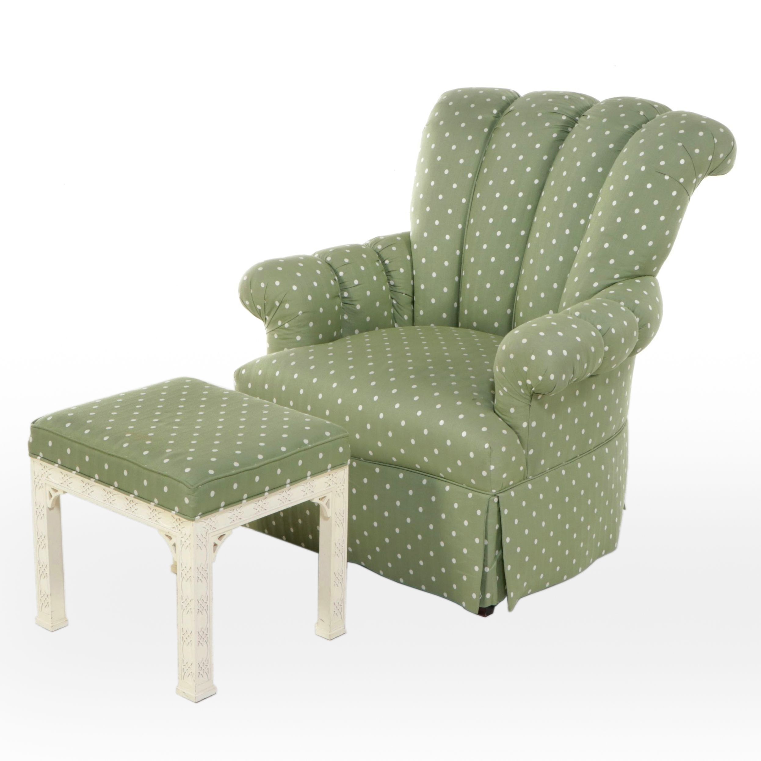 Channel-Tufted Green Polka-Dot Upholstered Armchair with Ottoman