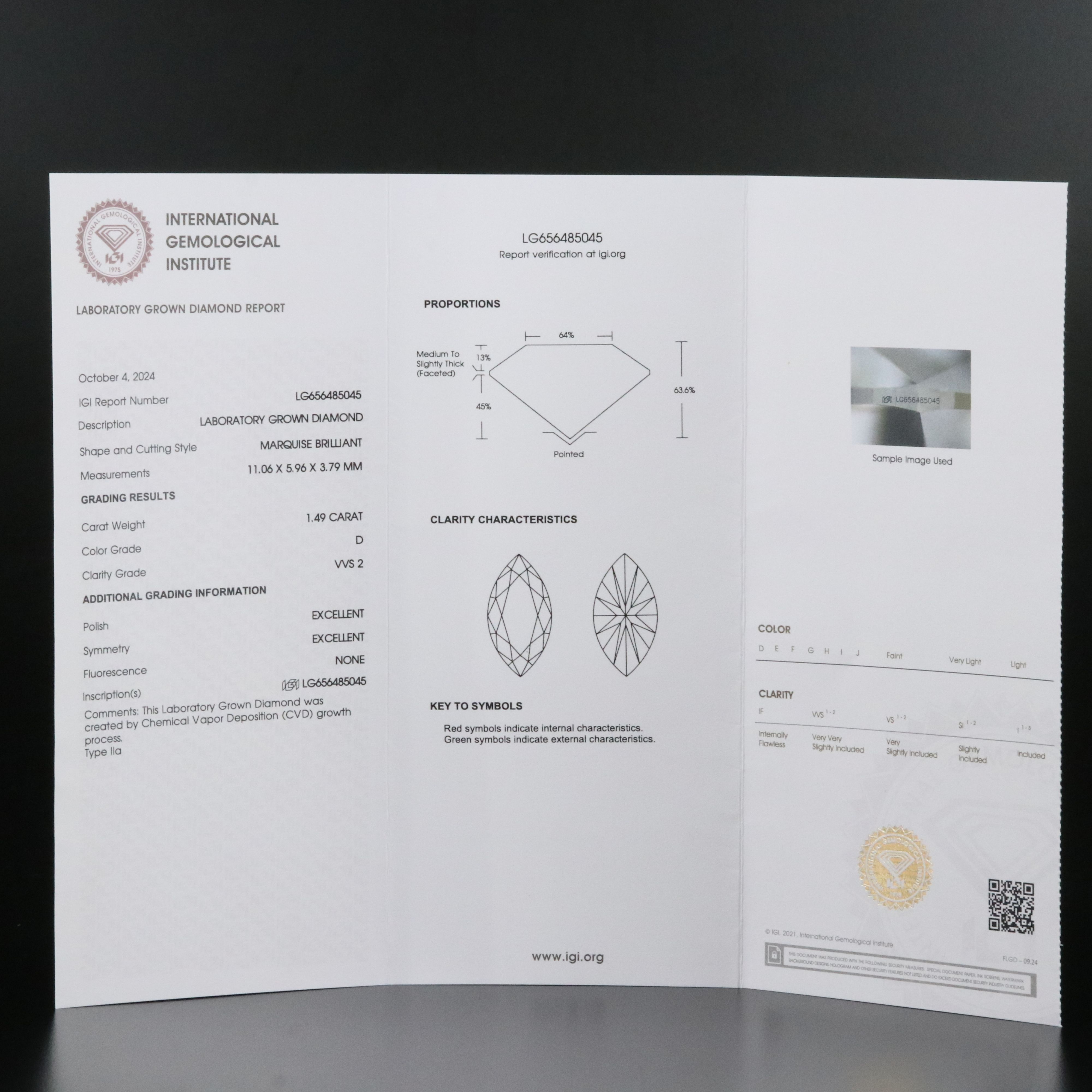 Loose 1.49 CT Lab Grown Diamond with IGI Report