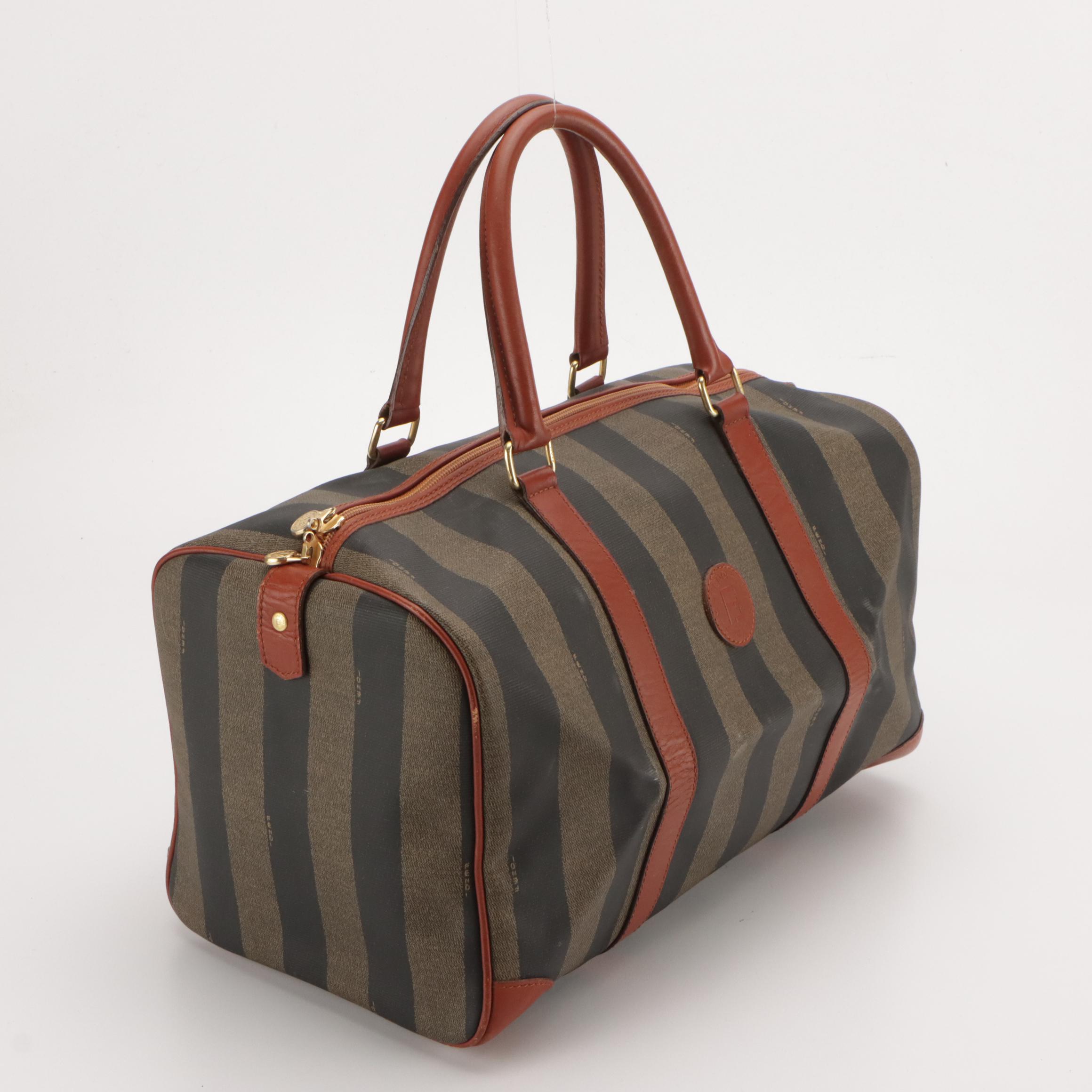 Fendi Small Duffle Bag in Pequin Strip Canvas and Leather
