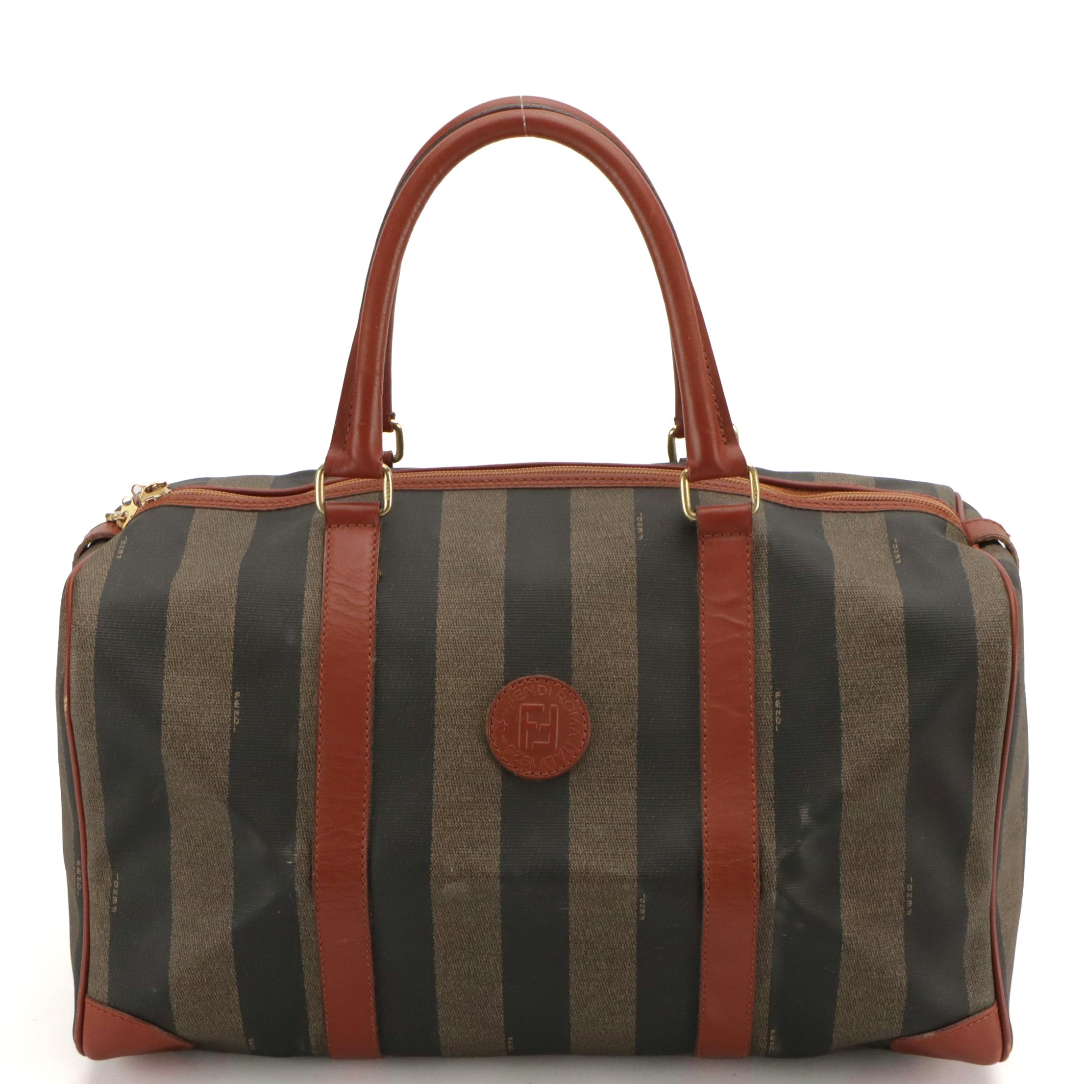 Fendi Small Duffle Bag in Pequin Strip Canvas and Leather
