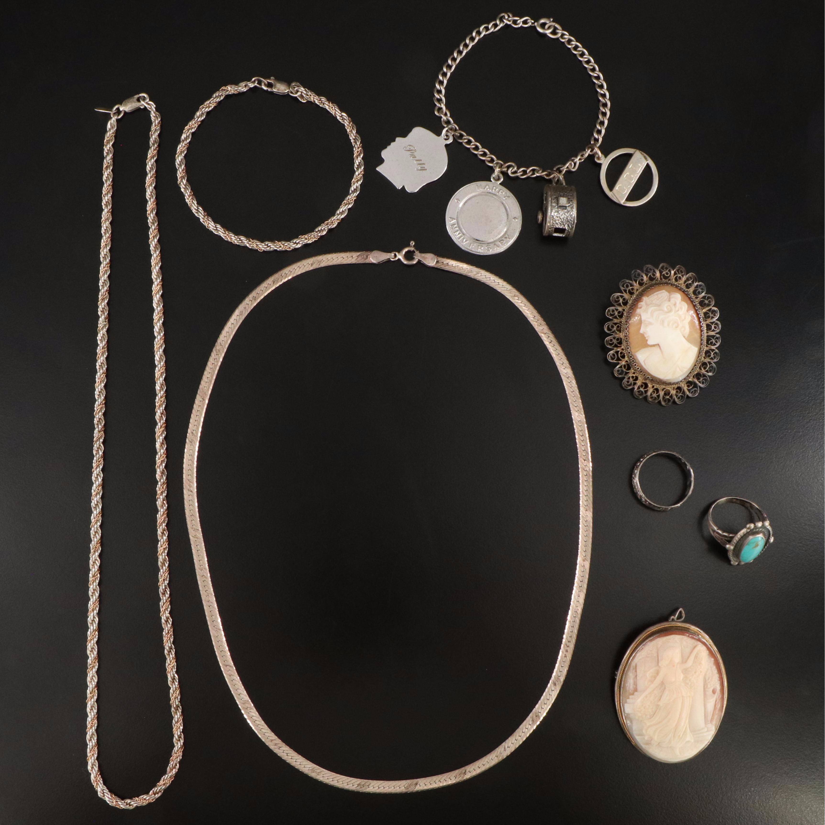 Vintage Sterling and 800 Silver Jewelry with Turquoise and Shell Cameos
