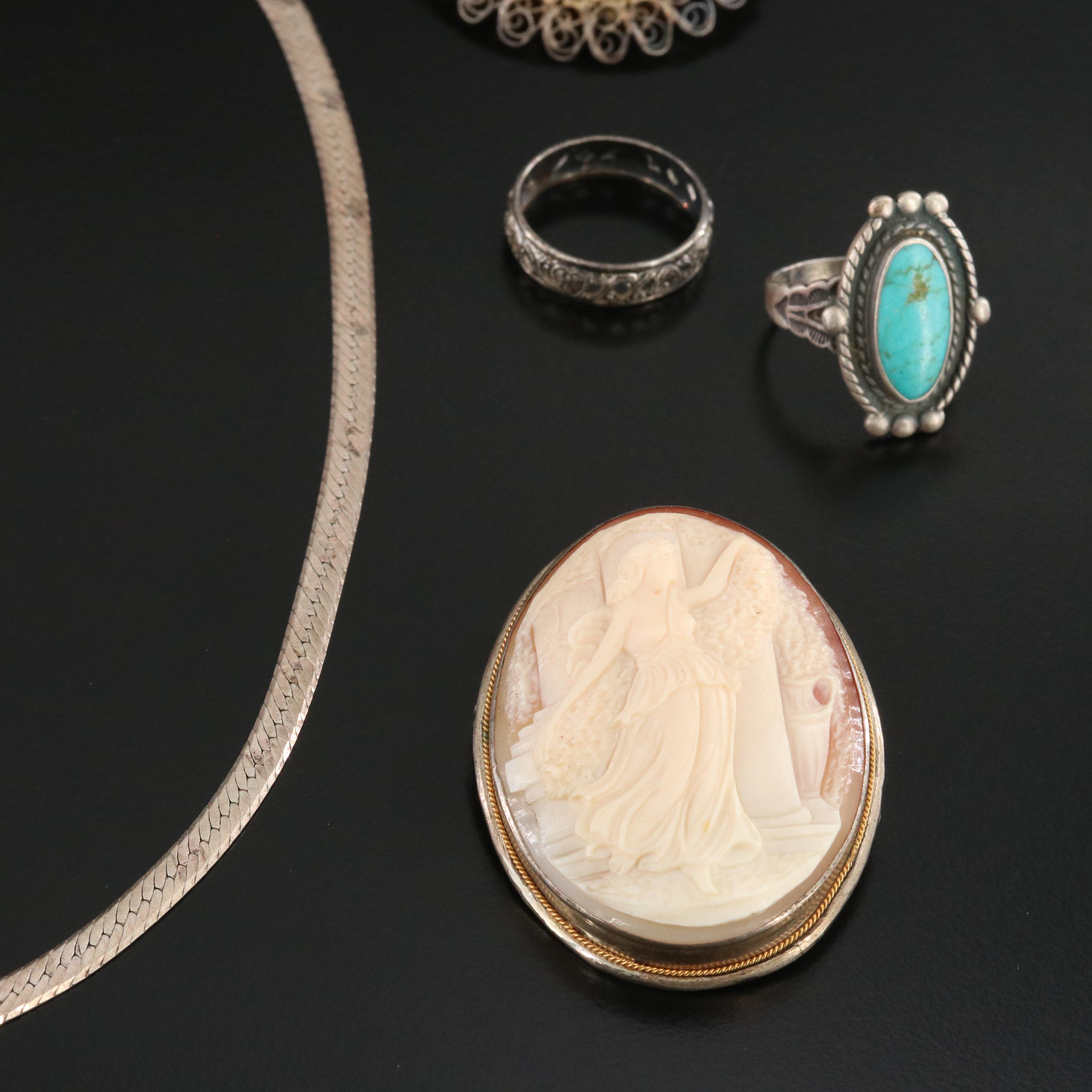 Vintage Sterling and 800 Silver Jewelry with Turquoise and Shell Cameos